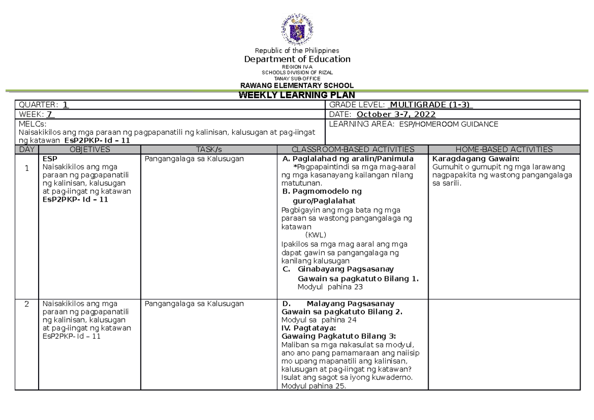 WLP WEEK 7 MG 1 TO 3 - wweh - Republic of the Philippines Department of ...