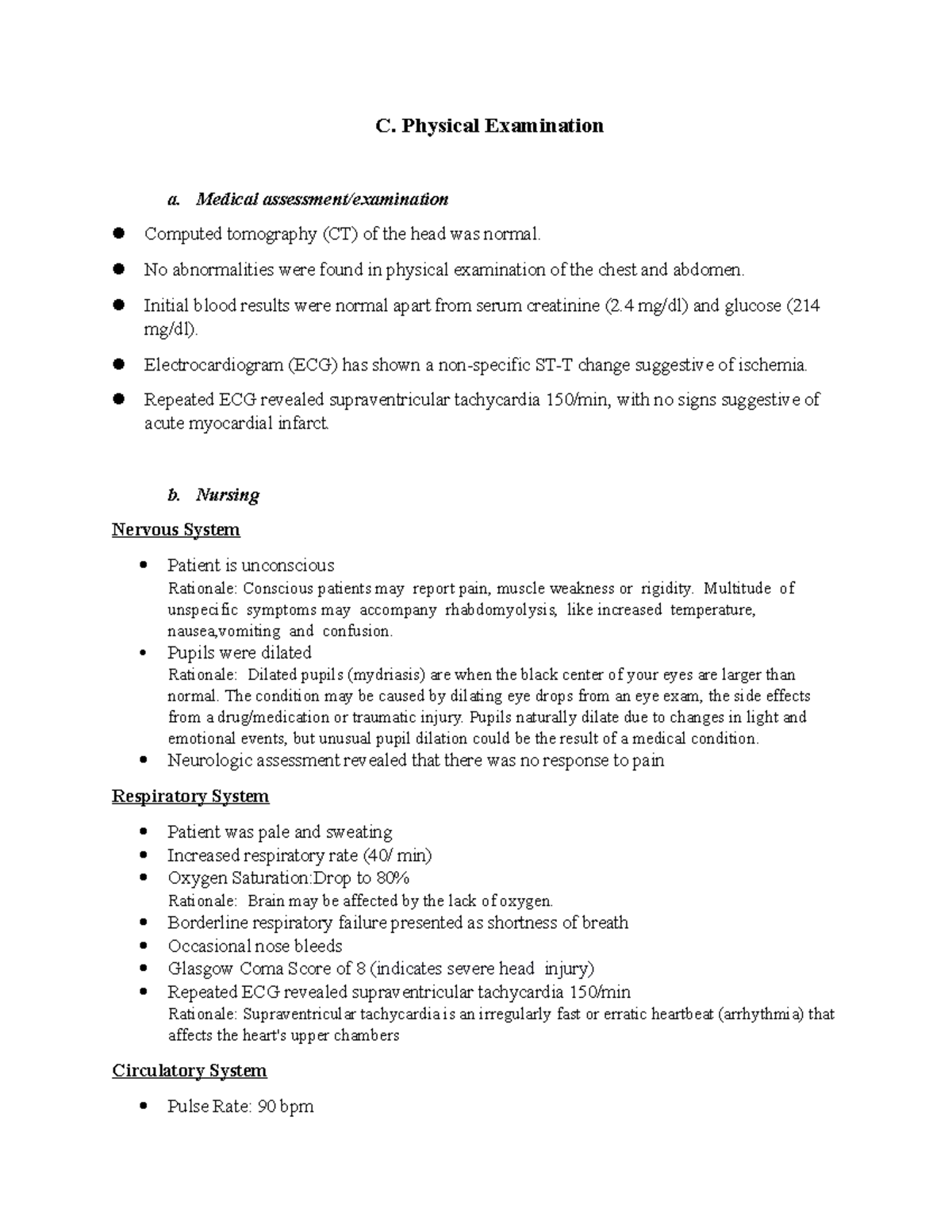 Caase 2 Physical Examination, Rationale C. Physical Examination a