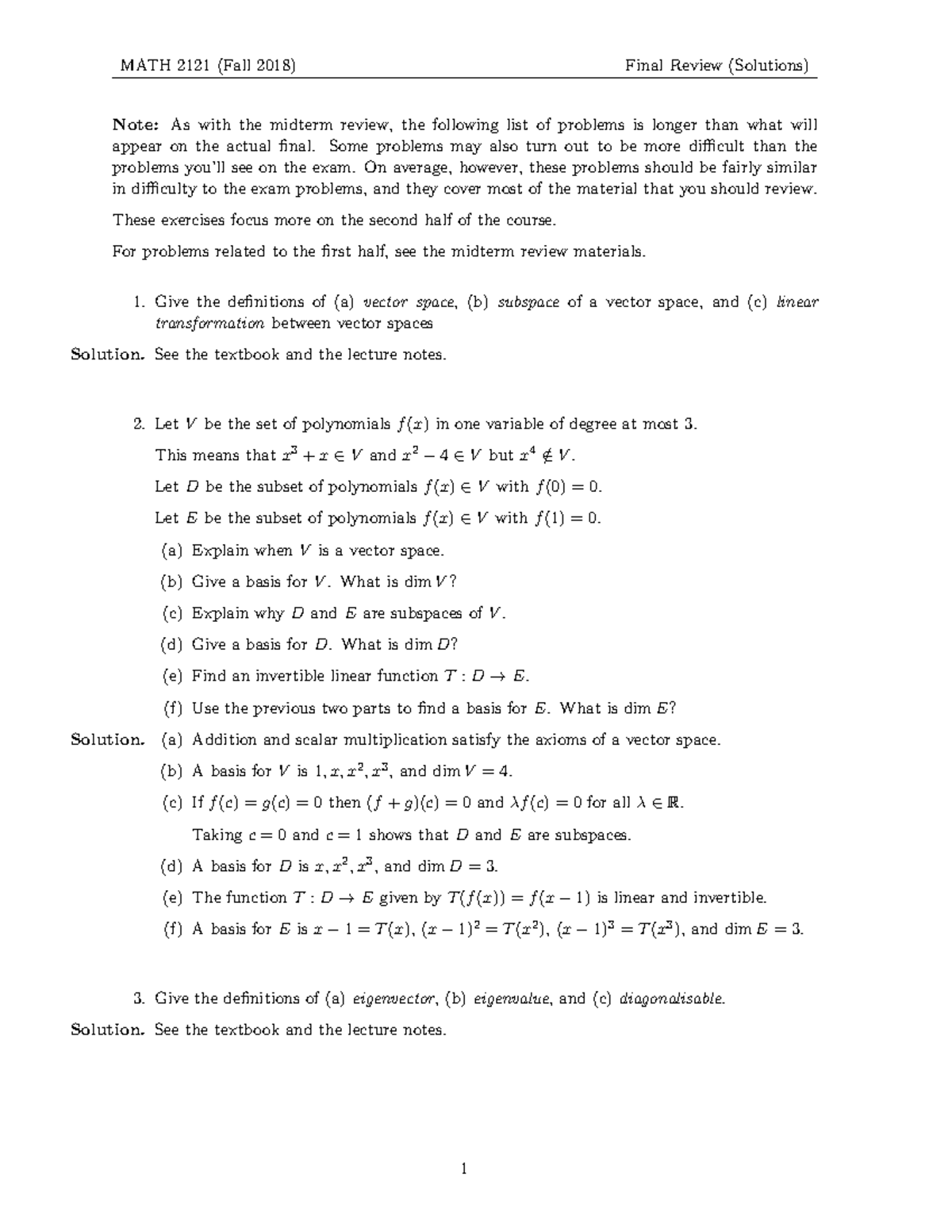 Final Review Fall 2018, Answers - MATH 2121 (Fall 2018) Final Review ...