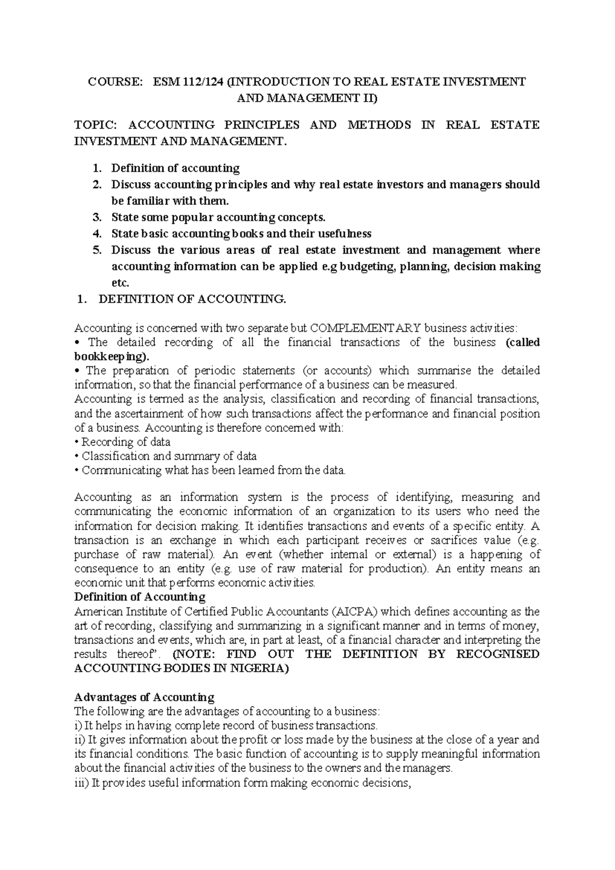 Accounting in ESM 124 - Estate management - COURSE: ESM 112/124 ...