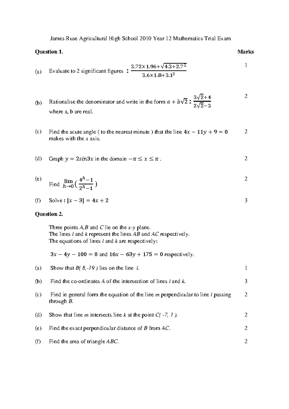 Yr12 Advance Mathematics 2u trial 2010 - James Ruse Agricultural High ...