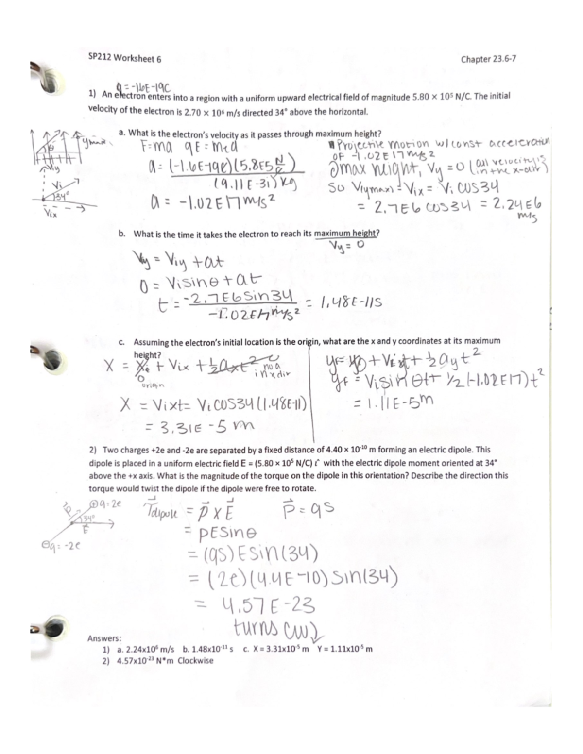 Topic 6 Point Charges and Dipoles in an Electric Field WS - PHY 317L ...