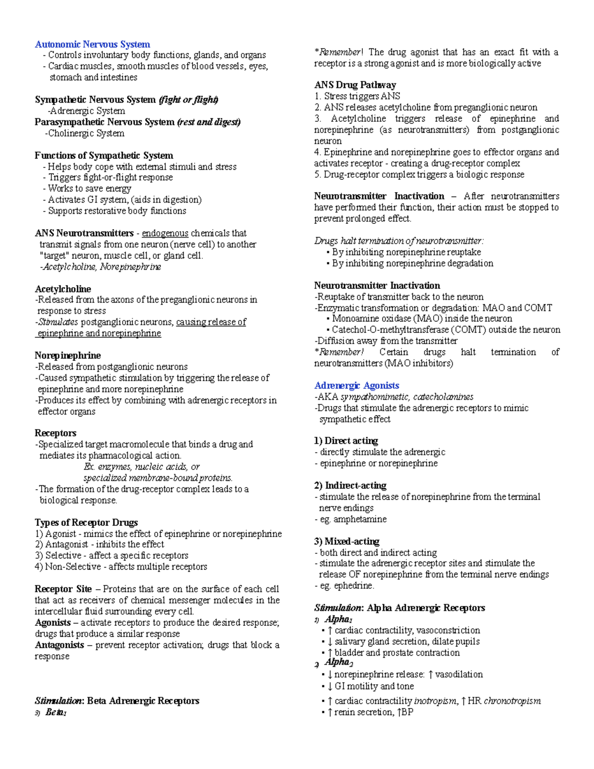 Autonomic Nervous System (ANS) Drugs - Nursing - BSU - Studocu