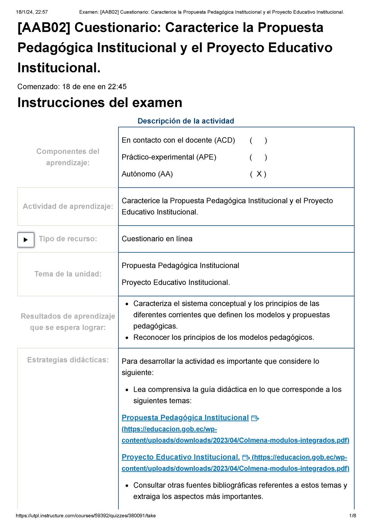 Examen Aab Cuestionario Caracterice La Propuesta Pedag Gica Institucional Y El Proyecto