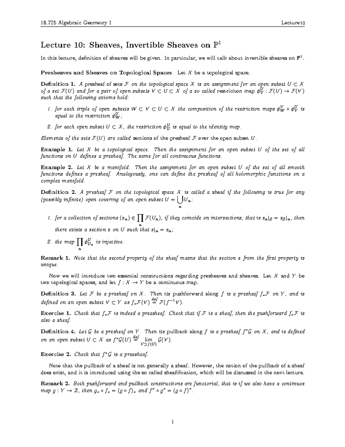 Algebraic Geometry Lecture 10 18 Algebraic Geometry I Lecture Lecture