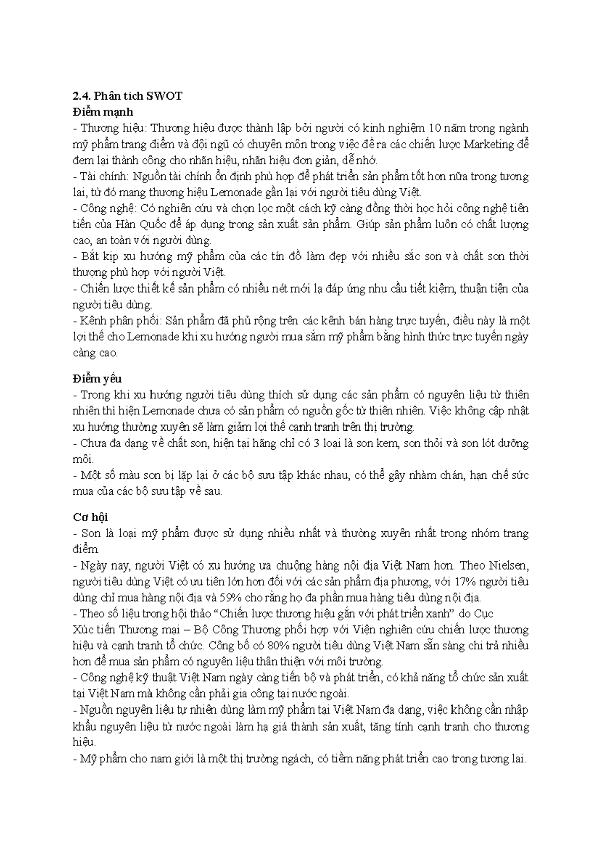 XÂY DỰNG KẾ HOẠCH BÁN HÀNG Lemonade Phân tích SWOT Điểm mạnh Thương
