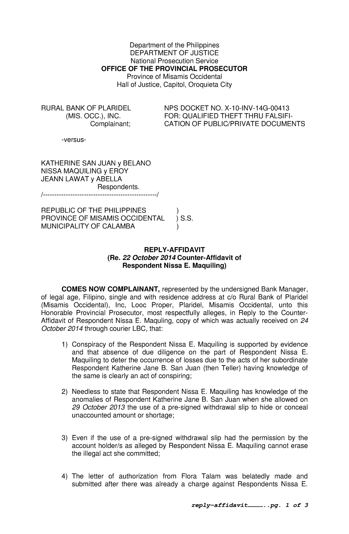 Reply Affidavit Criminal Doc Reply affidavit 1 Of 3 