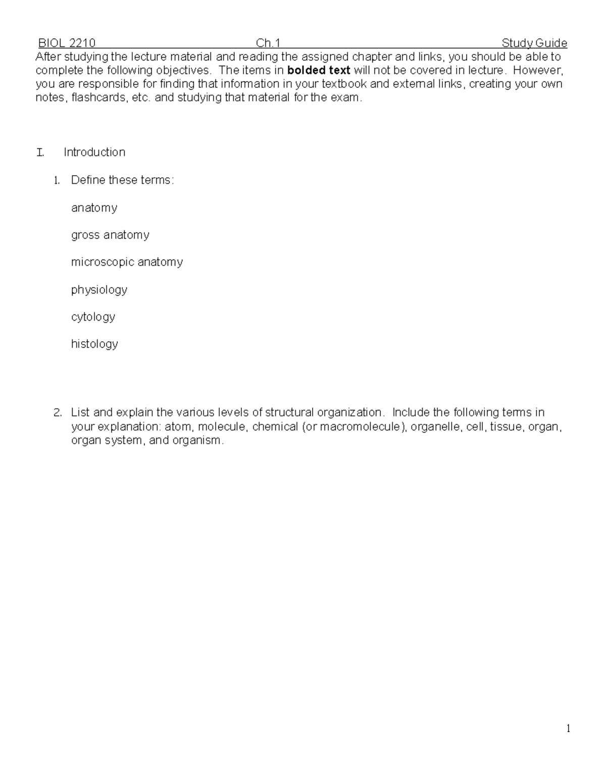 Ch.1 Study Guide - notes - BIOL 2210 Ch Study Guide After studying the ...