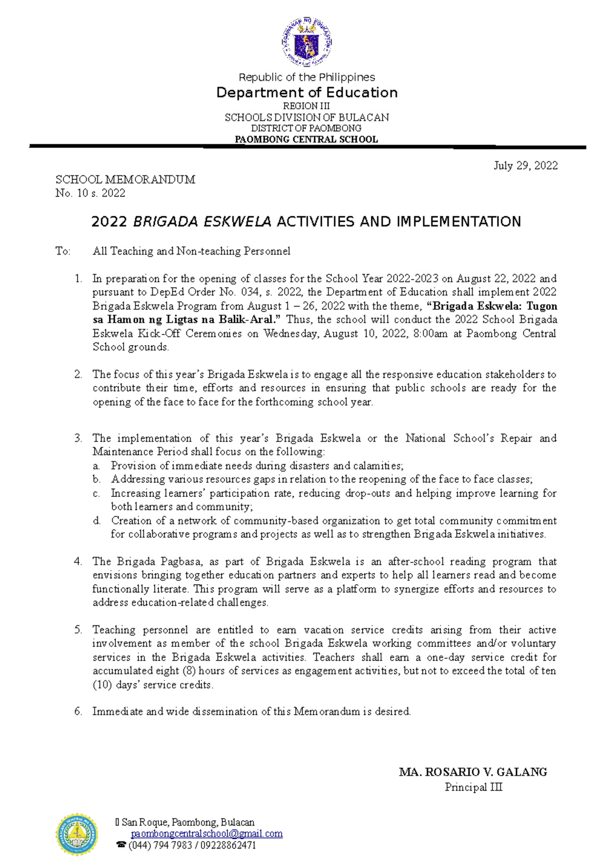 Brigada Eskwela Memo