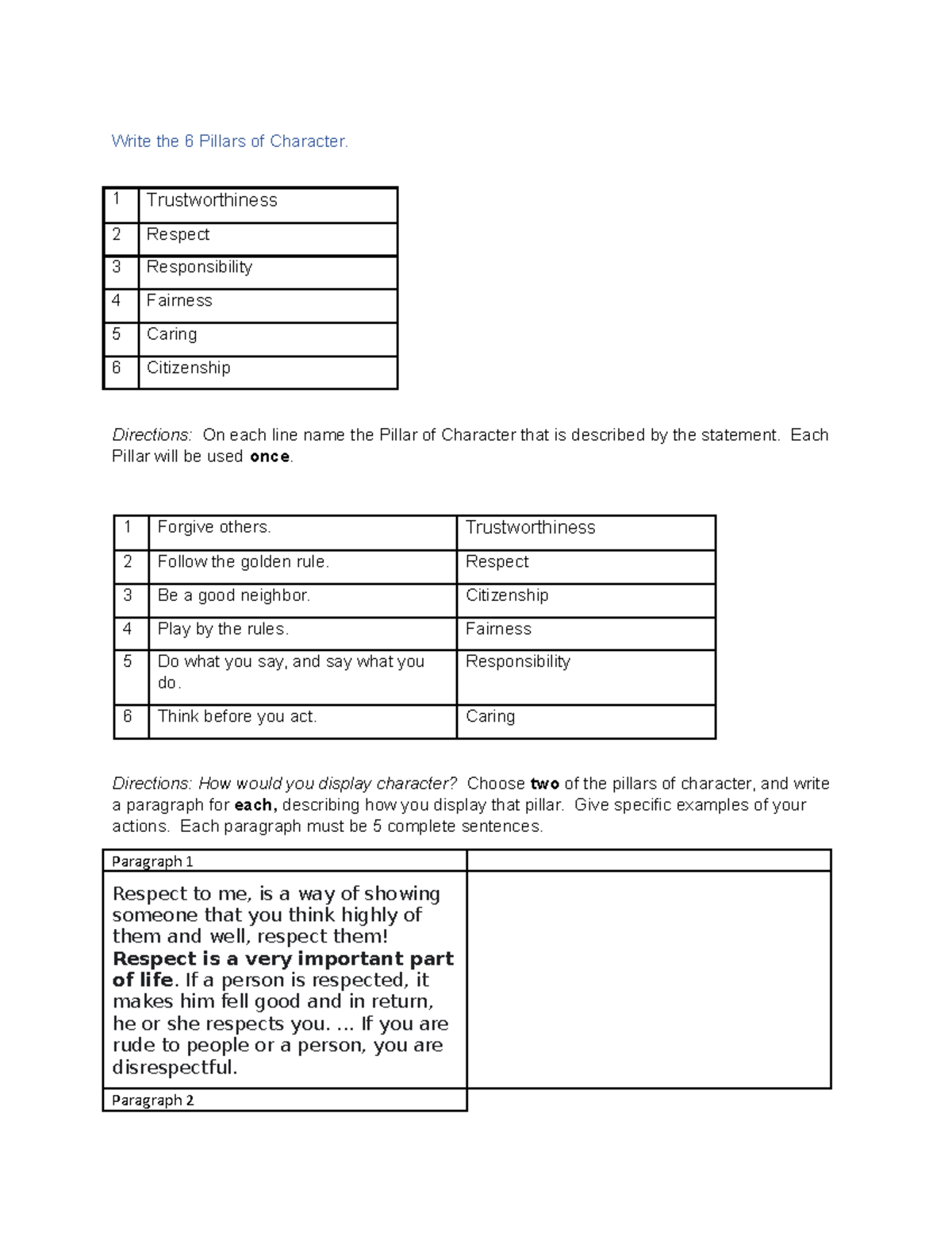 6 pillars - Notes - Write the 6 Pillars of Character. 1 Trustworthiness ...