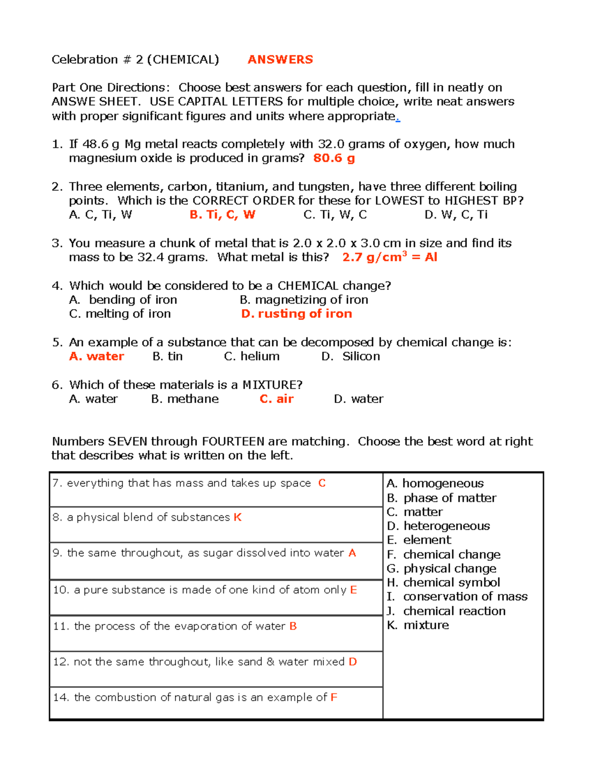Midterm Review #2 answers - Celebration # 2 (CHEMICAL) ANSWERS Part One ...