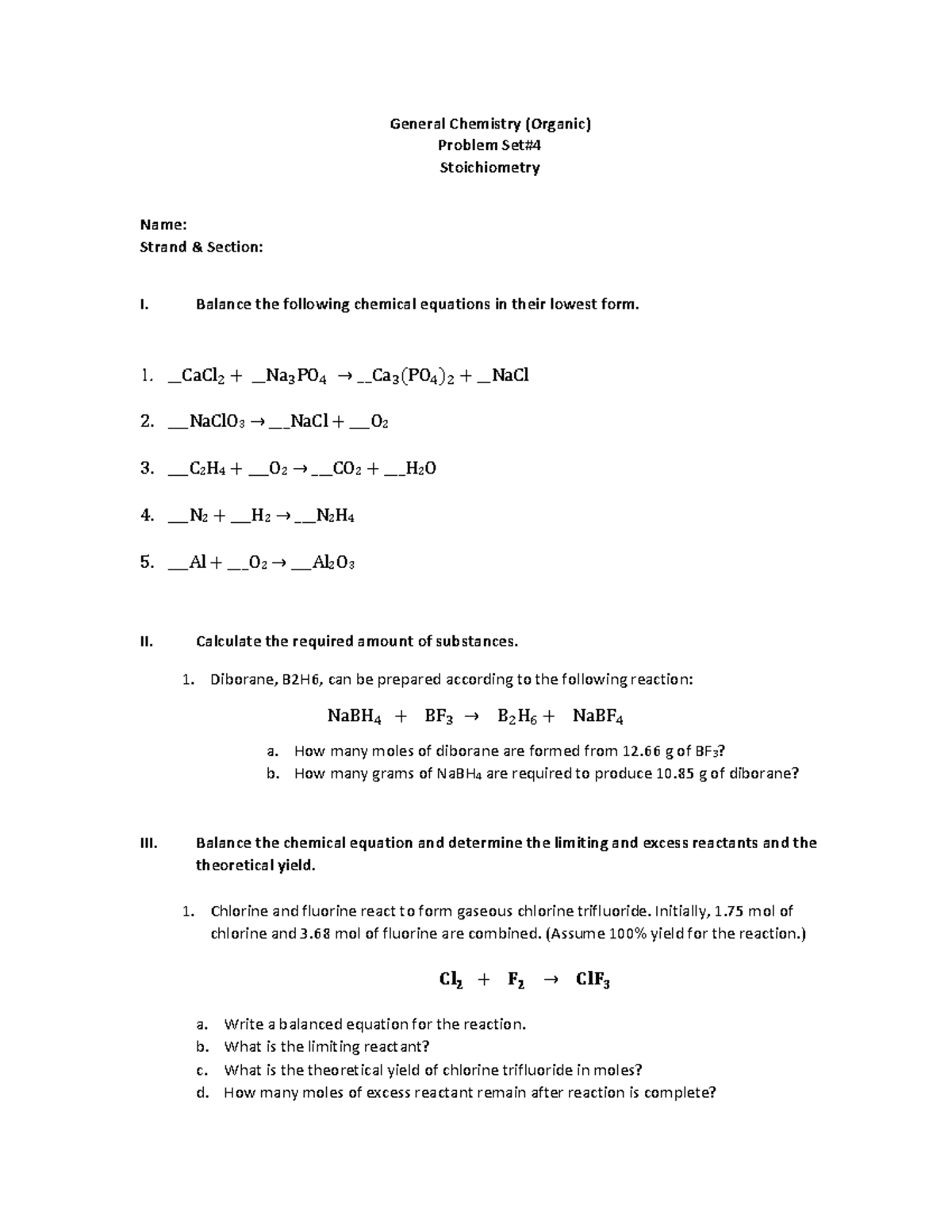 Problem-Set4-Stoichiometry - General Chemistry (Organic) Problem Set ...