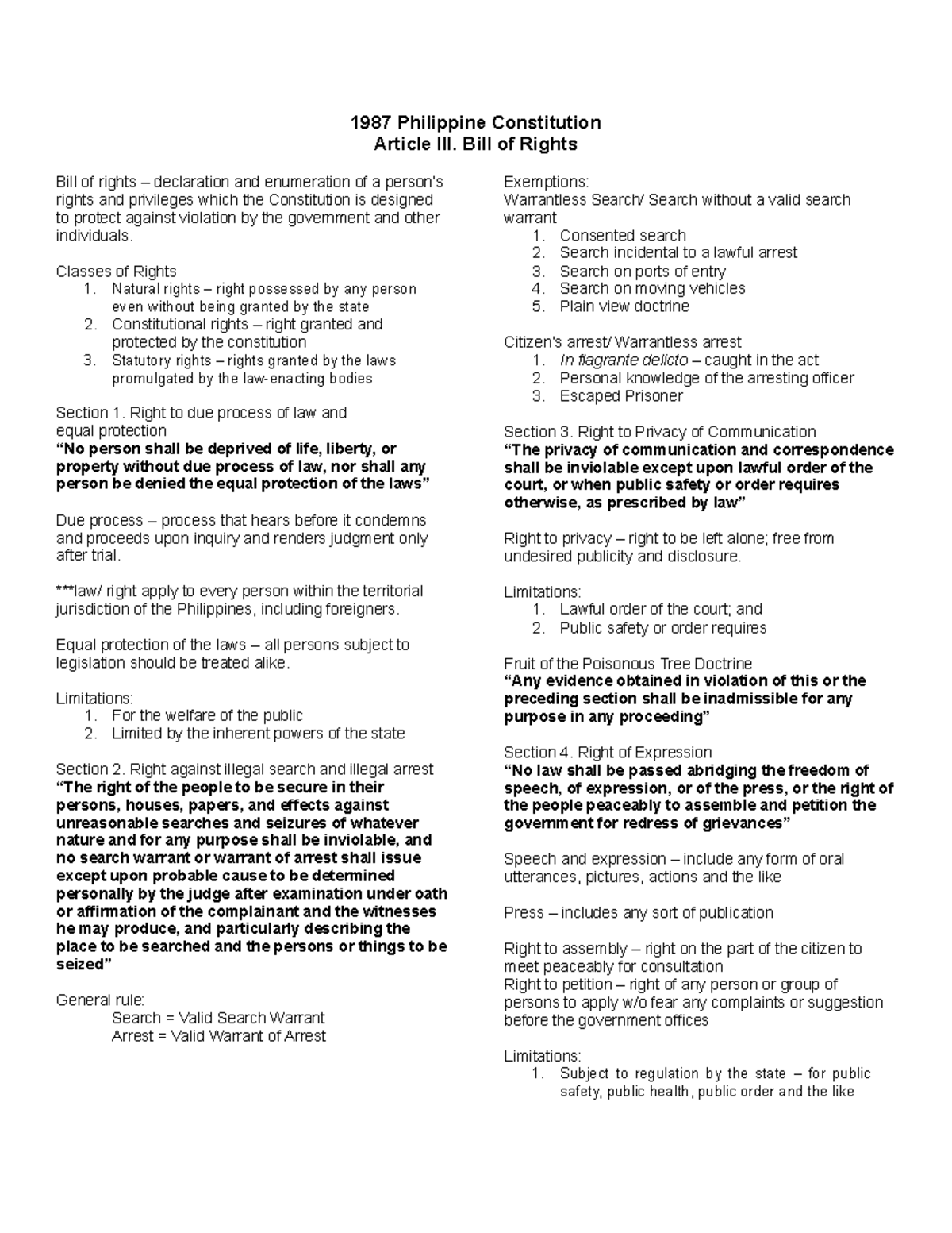 Bill Of Rights Lecture Notes 1 1987 Philippine Constitution Article III Bill Of Rights Bill 