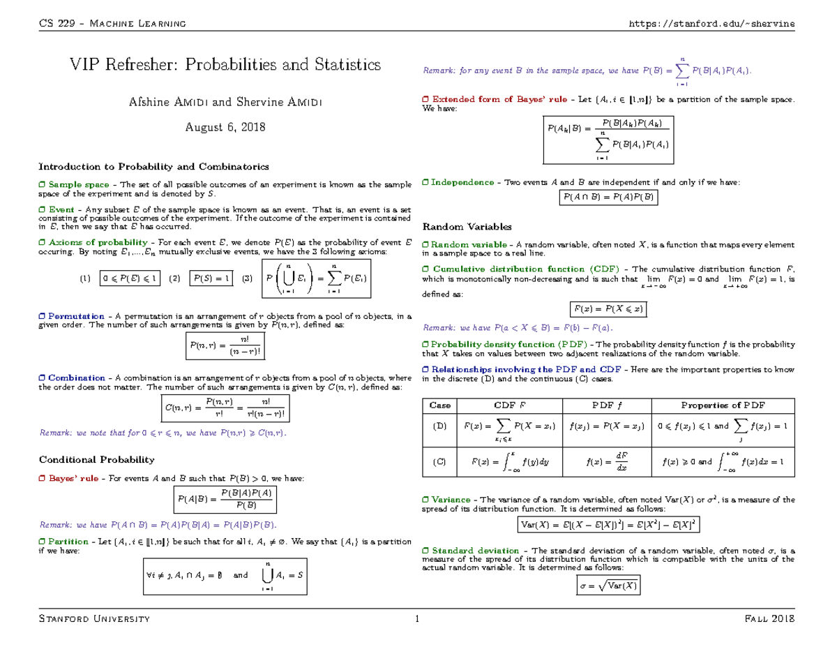 Cheat Sheet Probability - CS 229 – Machine Learning Stanford/~shervine ...