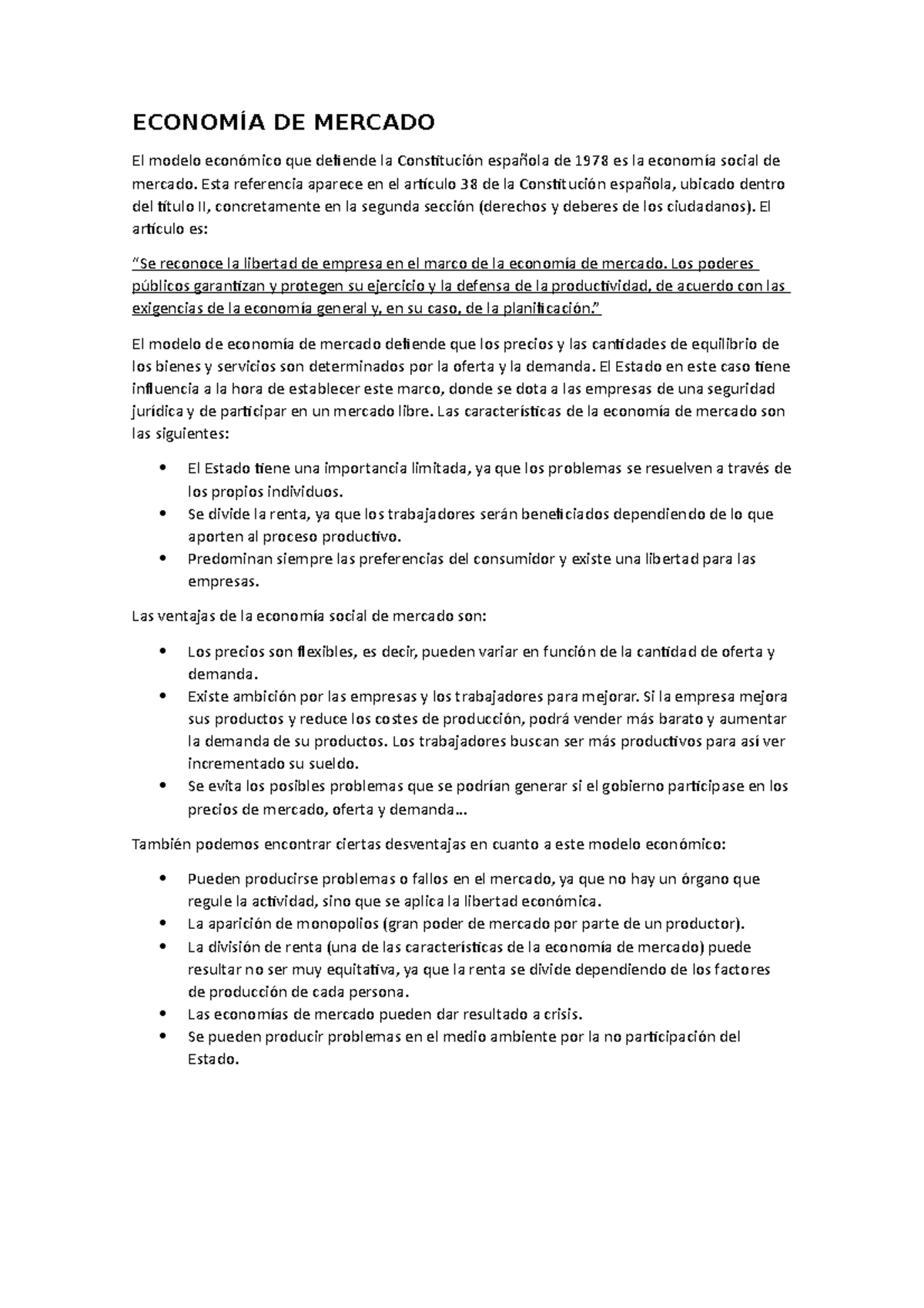 Derecho - Mercado - ECONOMÍA DE MERCADO El modelo económico que defiende la Constitución  española de - Studocu