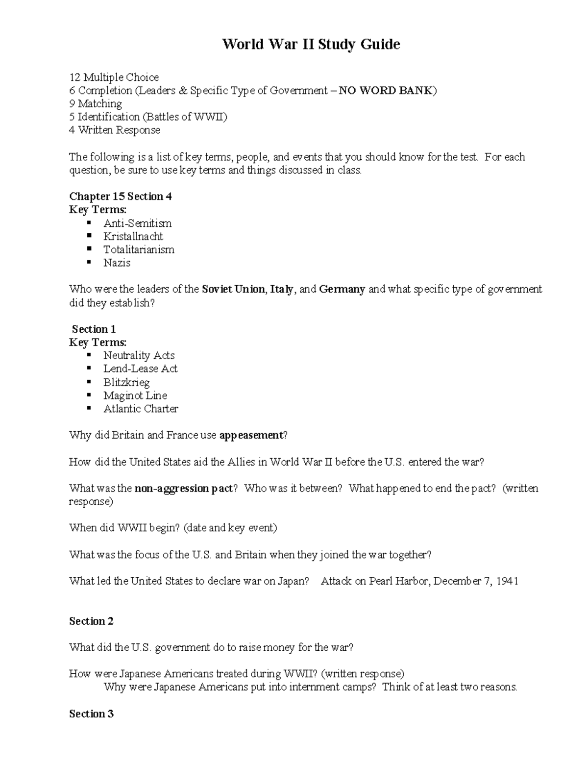 Study Guide World War II - Academic - World War II Study Guide 12 ...