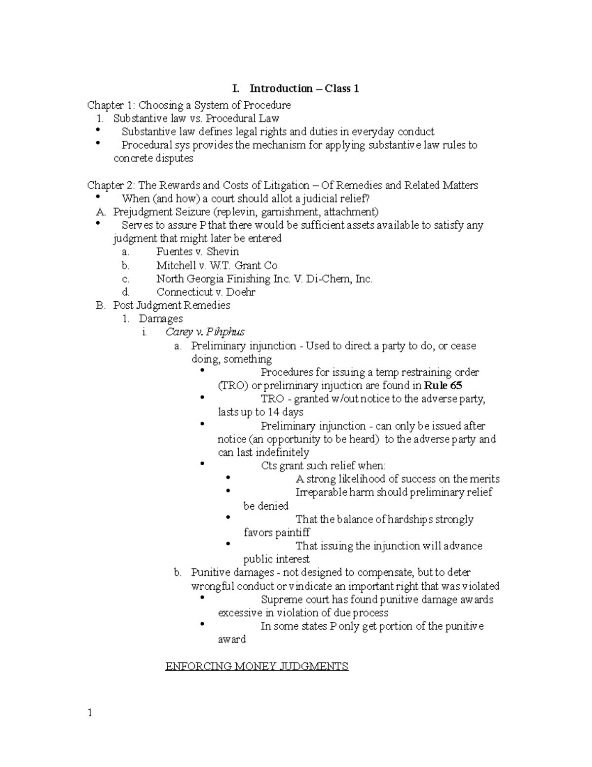 Civ Pro Outline - Lecture notes All - I. Introduction – Class 1 Chapter ...