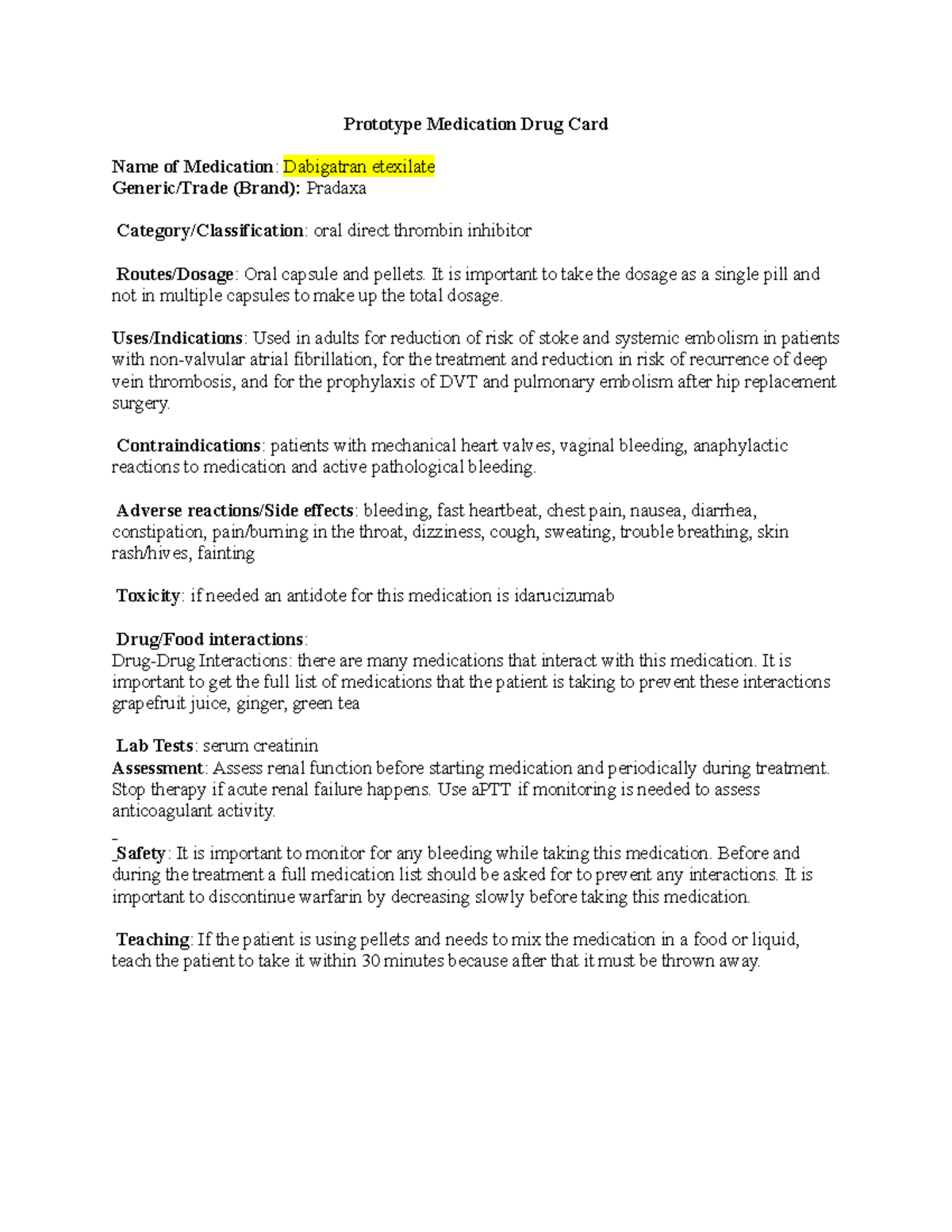 Chapter 9 Prototype Medication Card Prototype Medication Drug Card