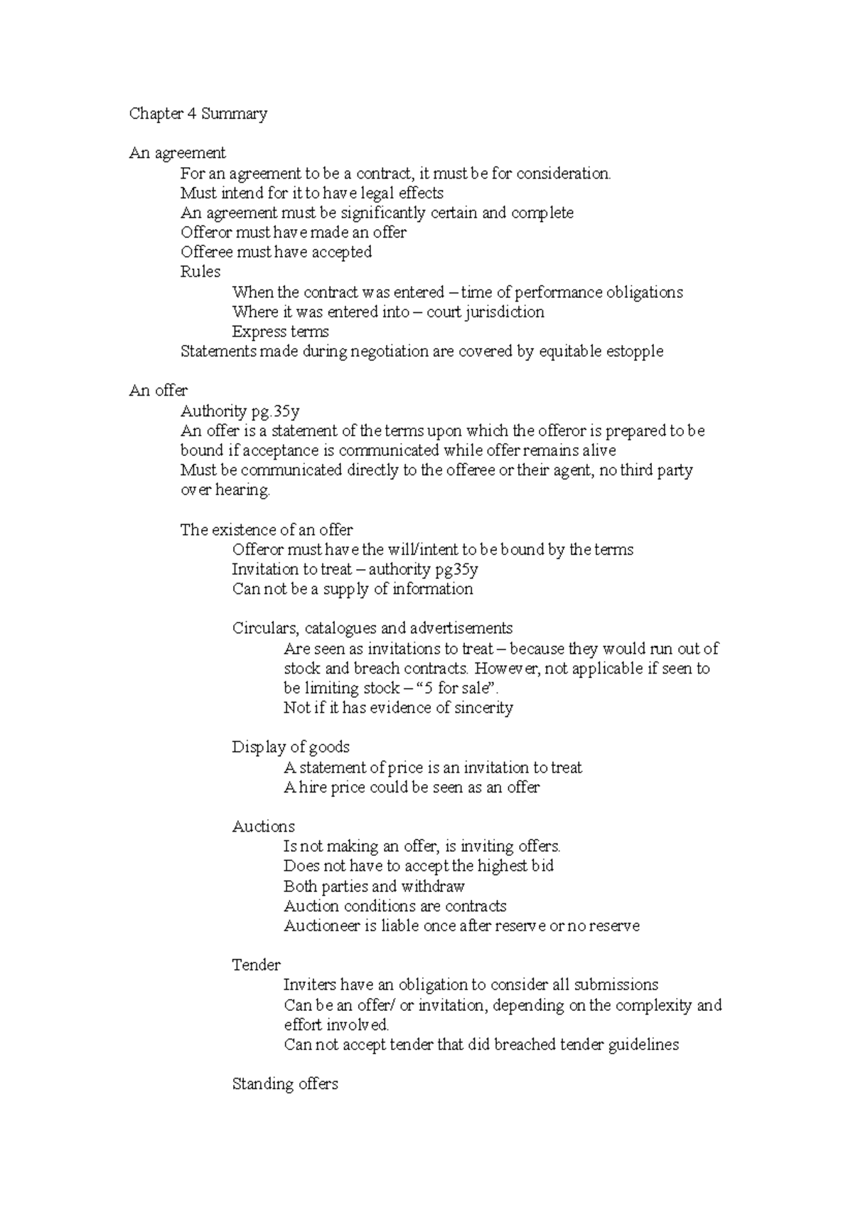 Chapter 4 Summary - Agreement - Chapter 4 Summary An agreement For an ...