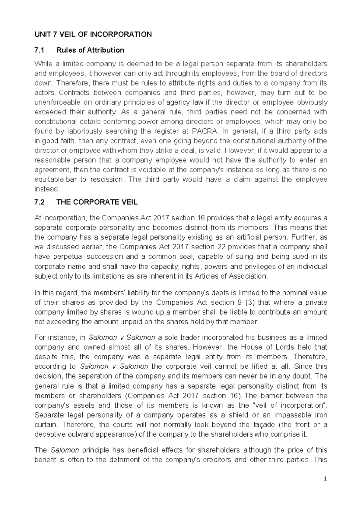 UNIT 7 VEIL OF Incorporation UNIT 7 VEIL OF INCORPORATION 7 Rules of