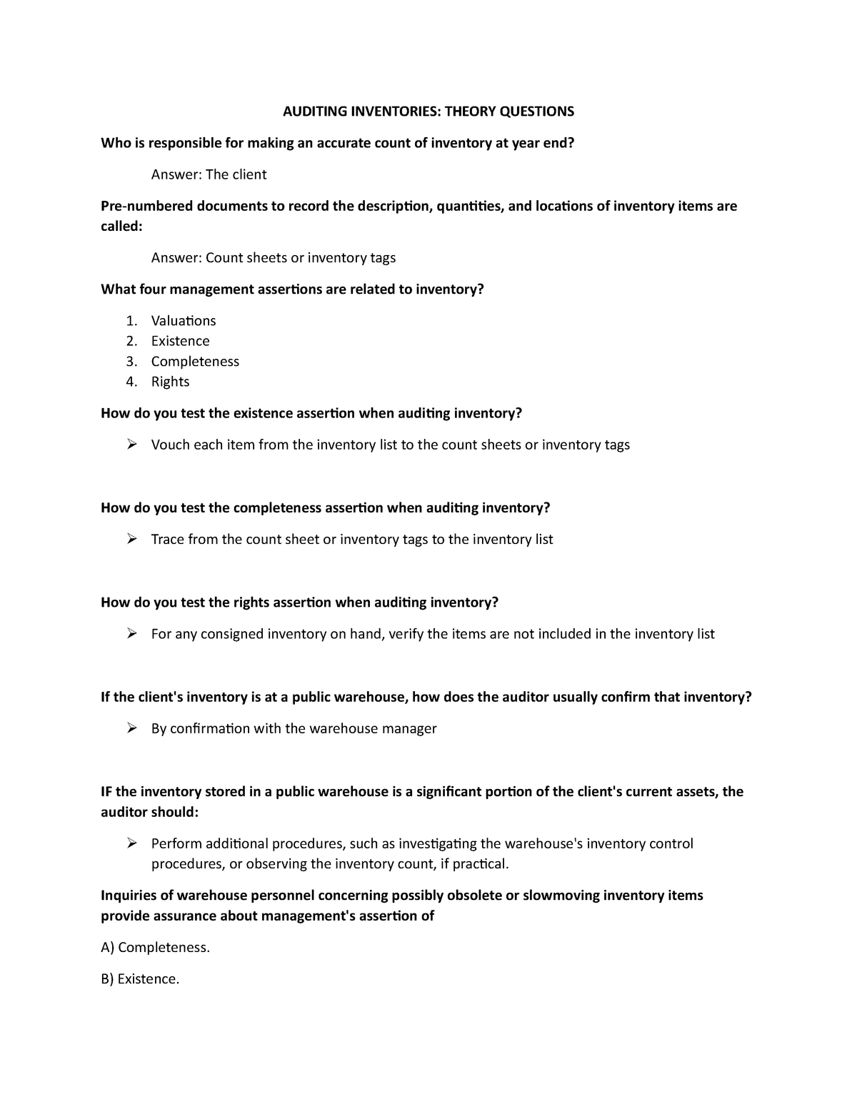 Auditing Inventories Theory Questions (WITH Answer) - Central - Studocu