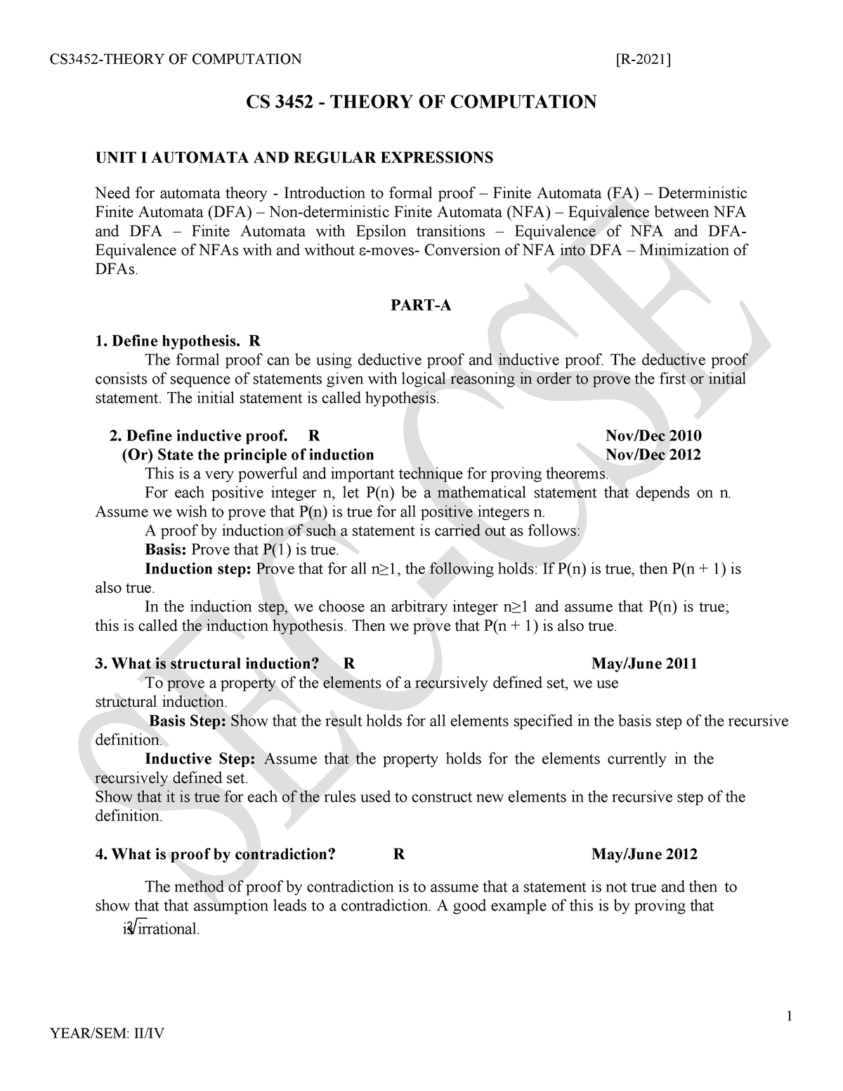 CS3452 TOC UNIT WISE TWO Marks - CS 3452 - THEORY OF COMPUTATION UNIT I ...