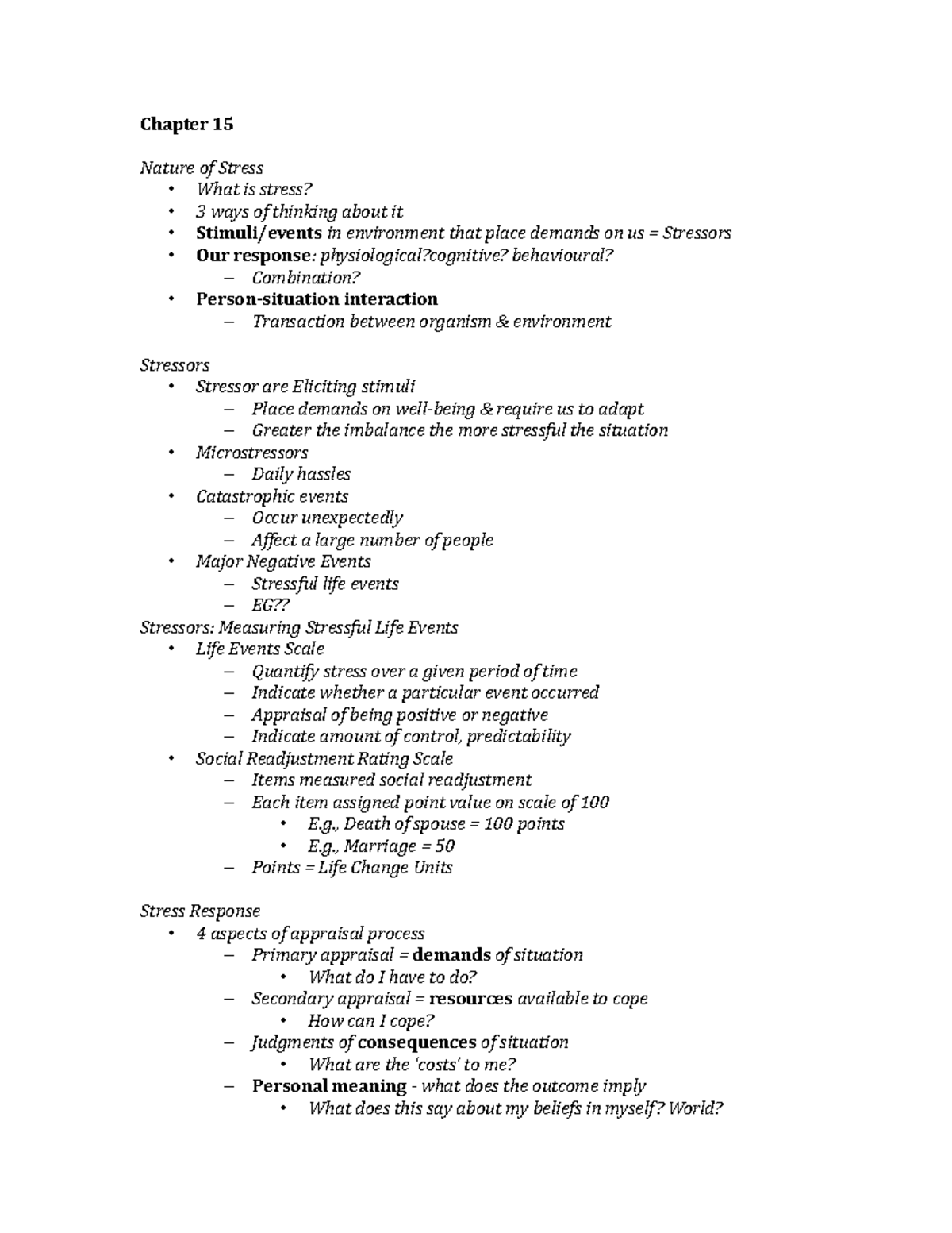 PSYC 102 Ch15 Notes - Chapter 15 Nature of Stress - What is stress? - 3 ...
