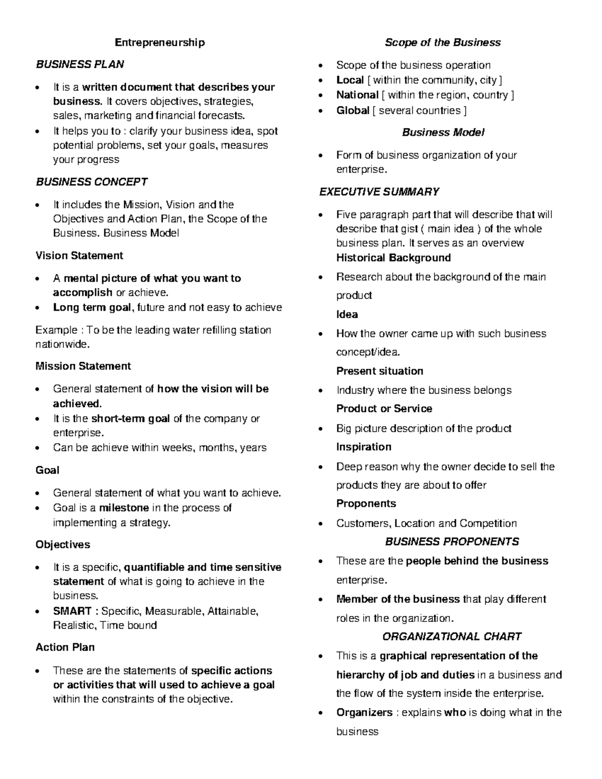 Business Entrepreneurship Reviewer - Business Plan Purpose and Contents ...