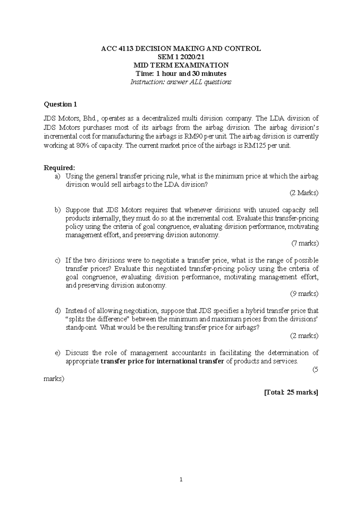 DMC Midterm Sem 1 20 21 - Exercise for Decision Making chapter 1 -3 - 1 ...