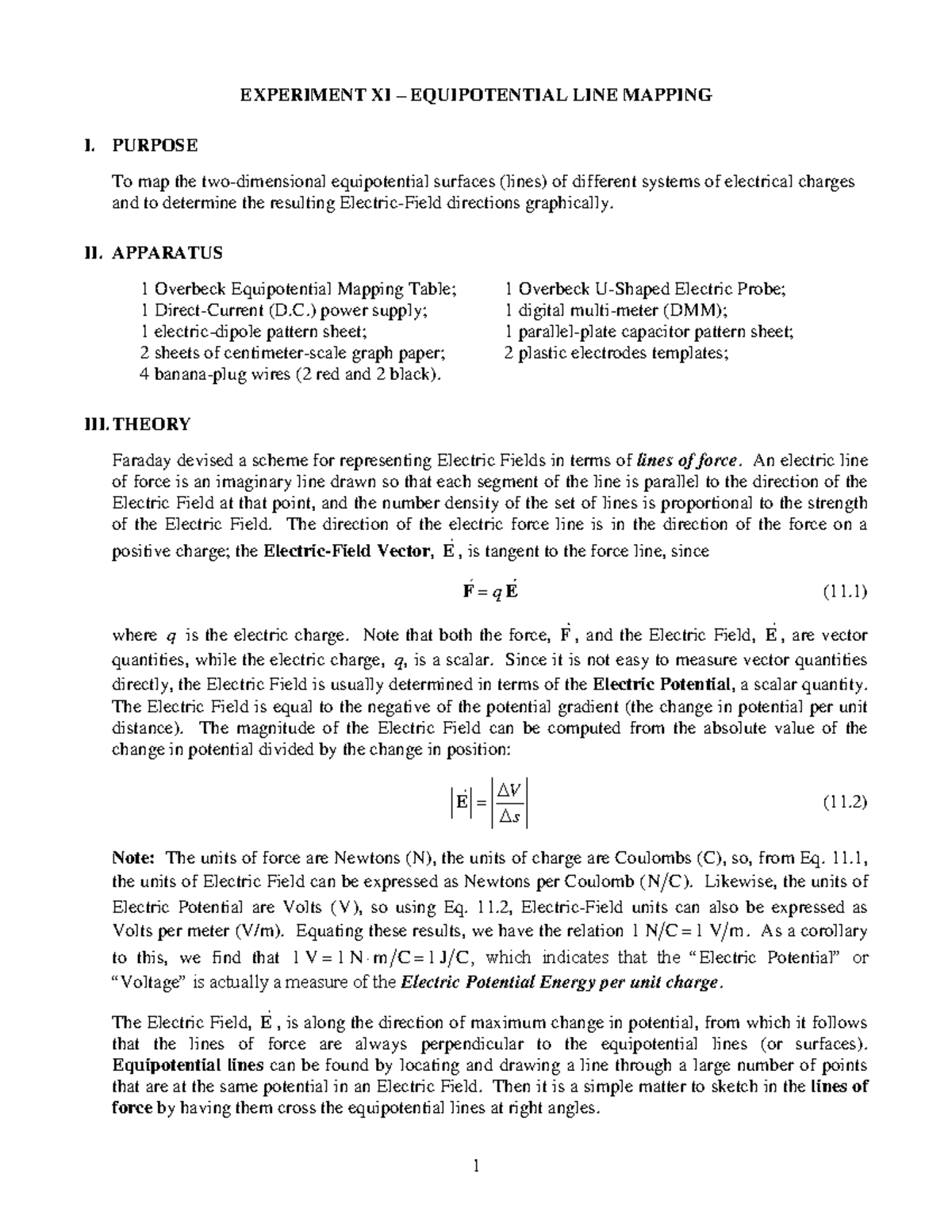 XIII - Lab 11 Manual - EXPERIMENT XI – EQUIPOTENTIAL LINE MAPPING I ...