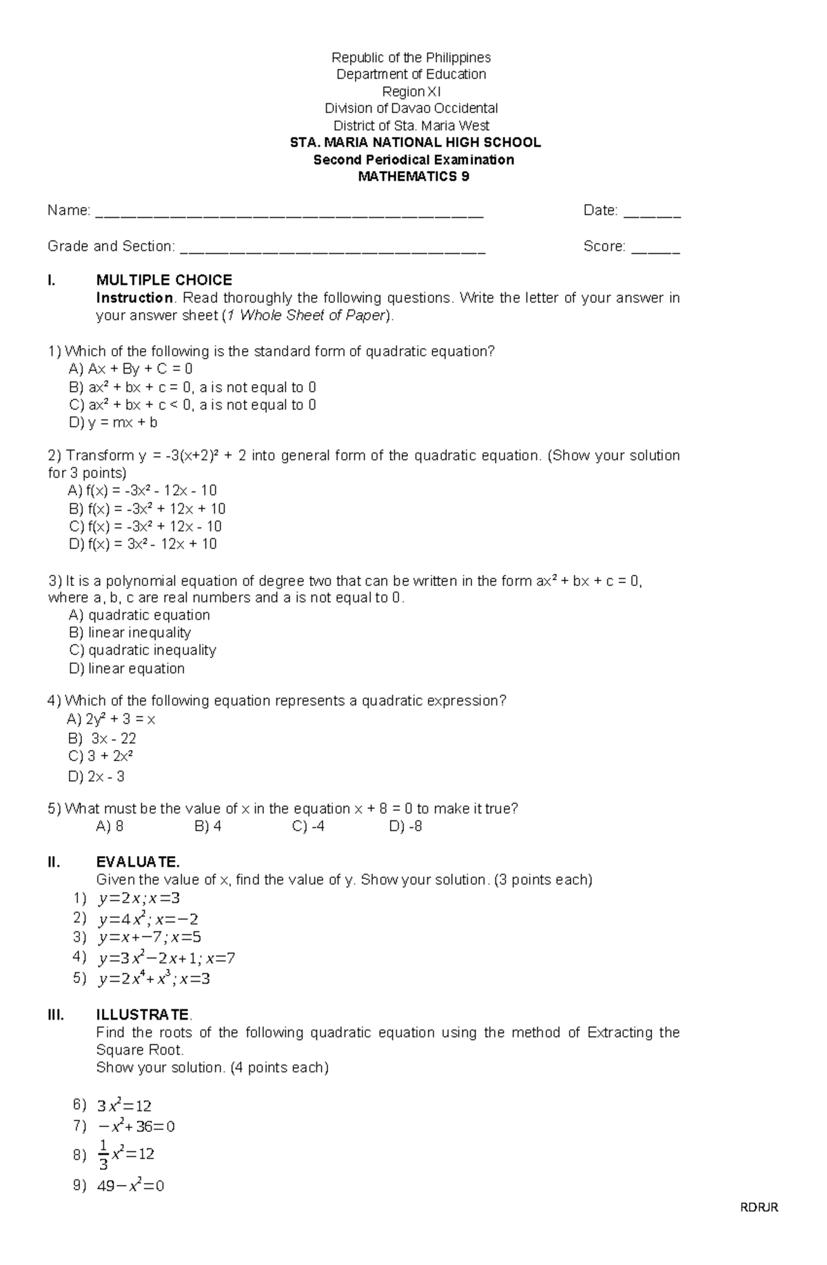 MATH 9 EXAM - Simple Math 9 Exam. - Republic of the Philippines ...