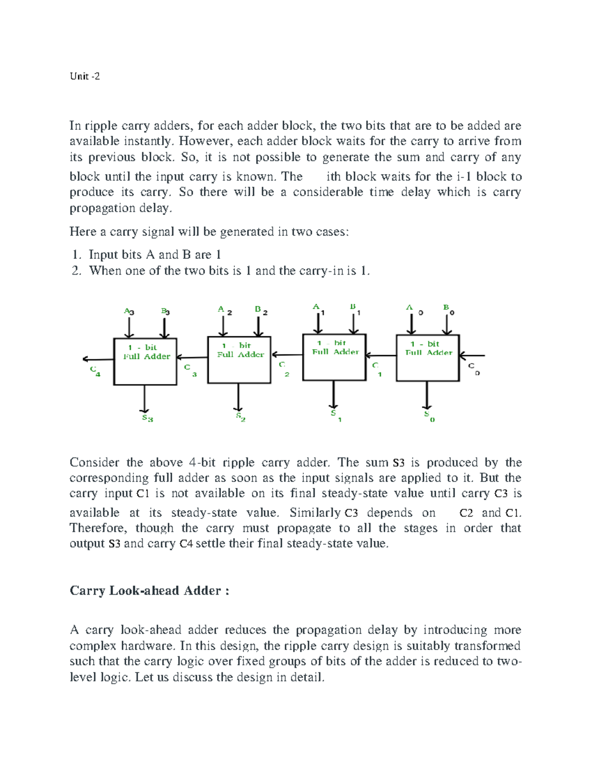 Unit 2 - good - Unit - 2 In ripple carry adders, for each adder block ...