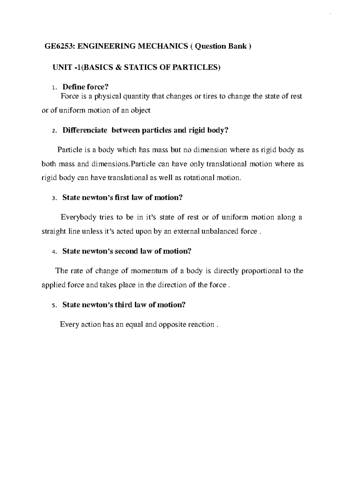 EM Question Bank - GE6253: ENGINEERING MECHANICS ( Question Bank ) UNIT ...