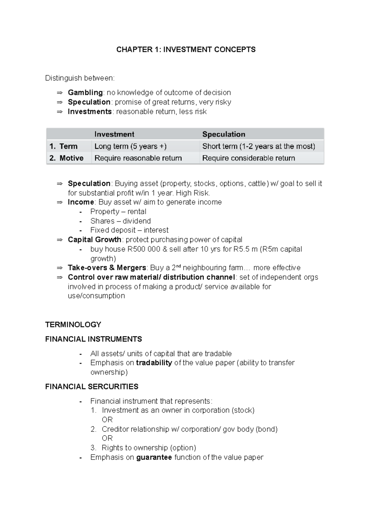Chapter 1 - summary of lecture notes and slides - CHAPTER 1: INVESTMENT ...