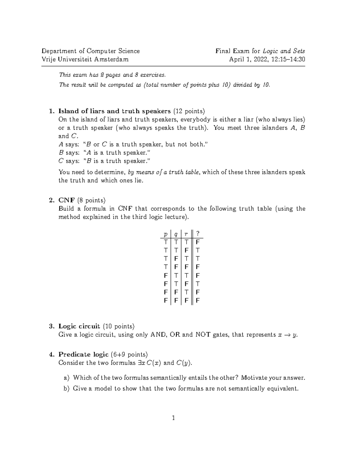 Final exam 2022 department of computer science final exam for logic