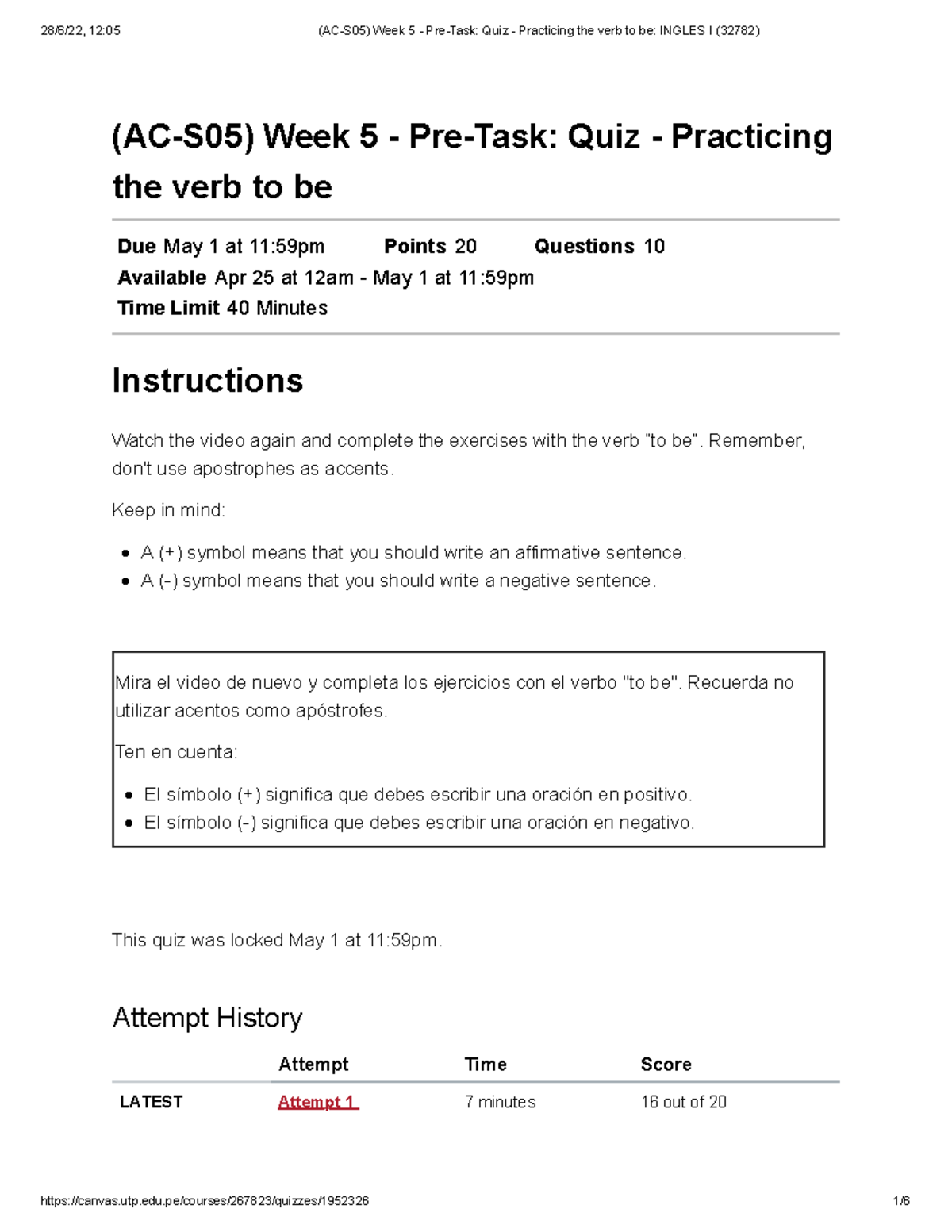 (AC-S05) Week 5 - Pre-Task Quiz - Practicing the verb to be Ingles I ...