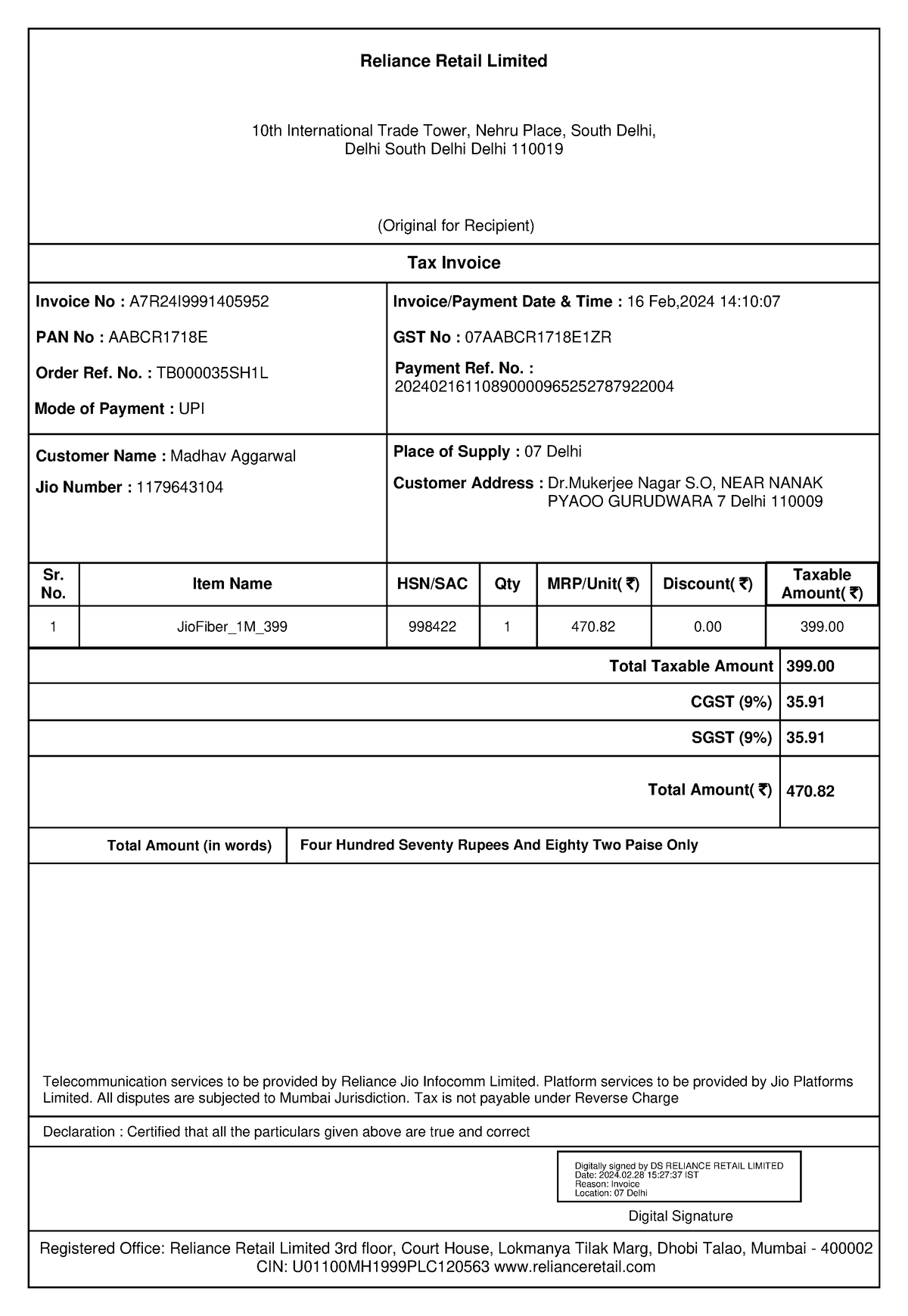 Invoice - Tax Invoice (Original for Recipient) Reliance Retail Limited ...