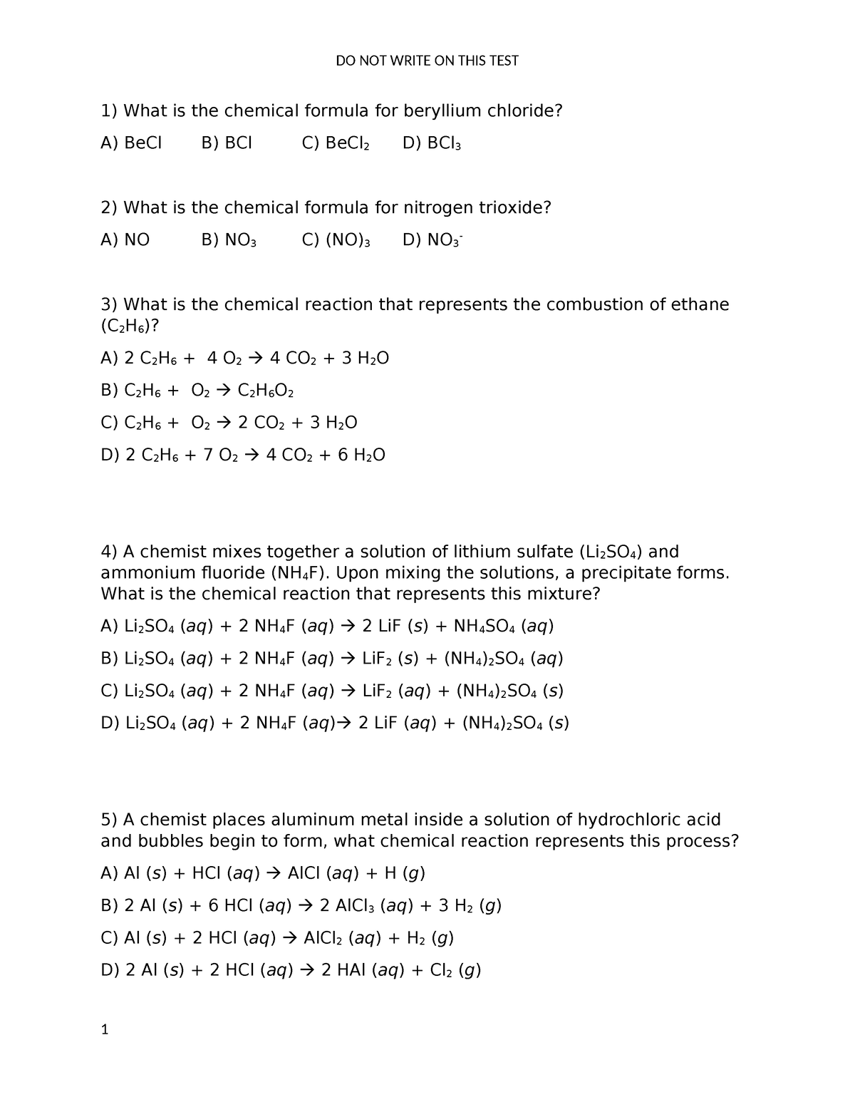 Final Exam A - Chemistry Test - What Is The Chemical Formula For 