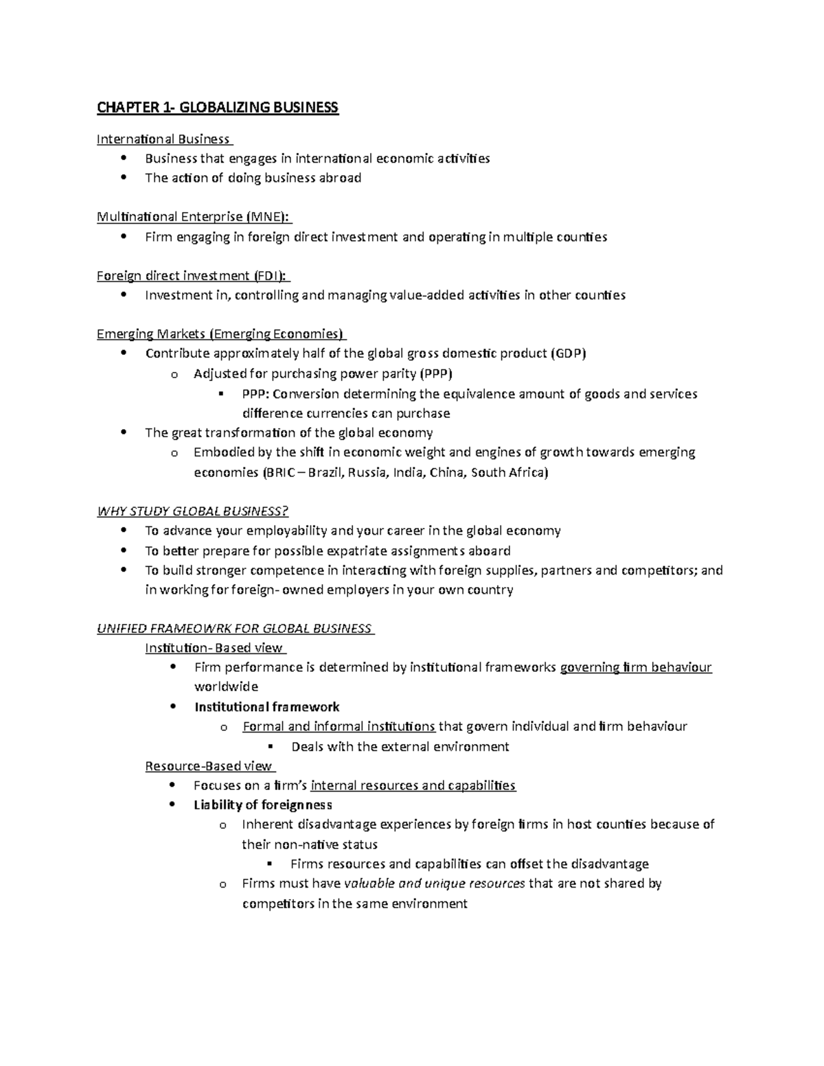 Unit 1 - Unit notes - CHAPTER 1- GLOBALIZING BUSINESS International ...