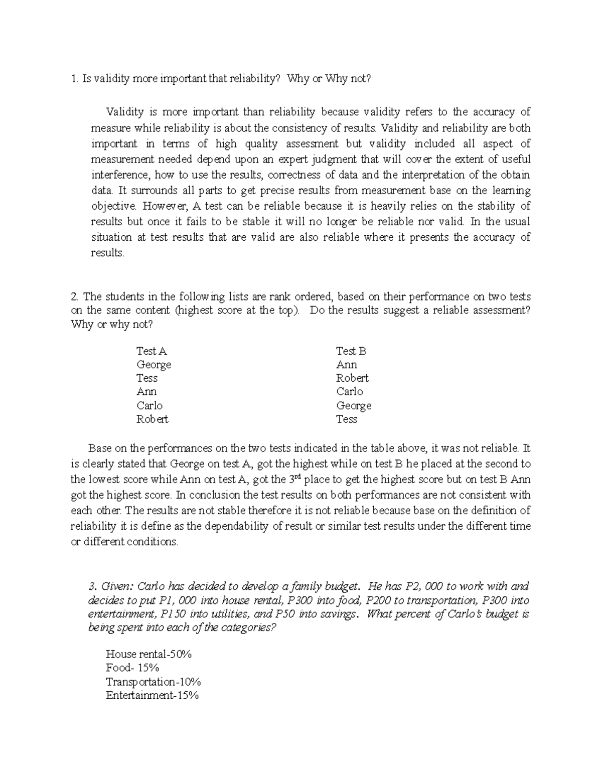 Assessment in learning Validity and Reliability activity Is validity