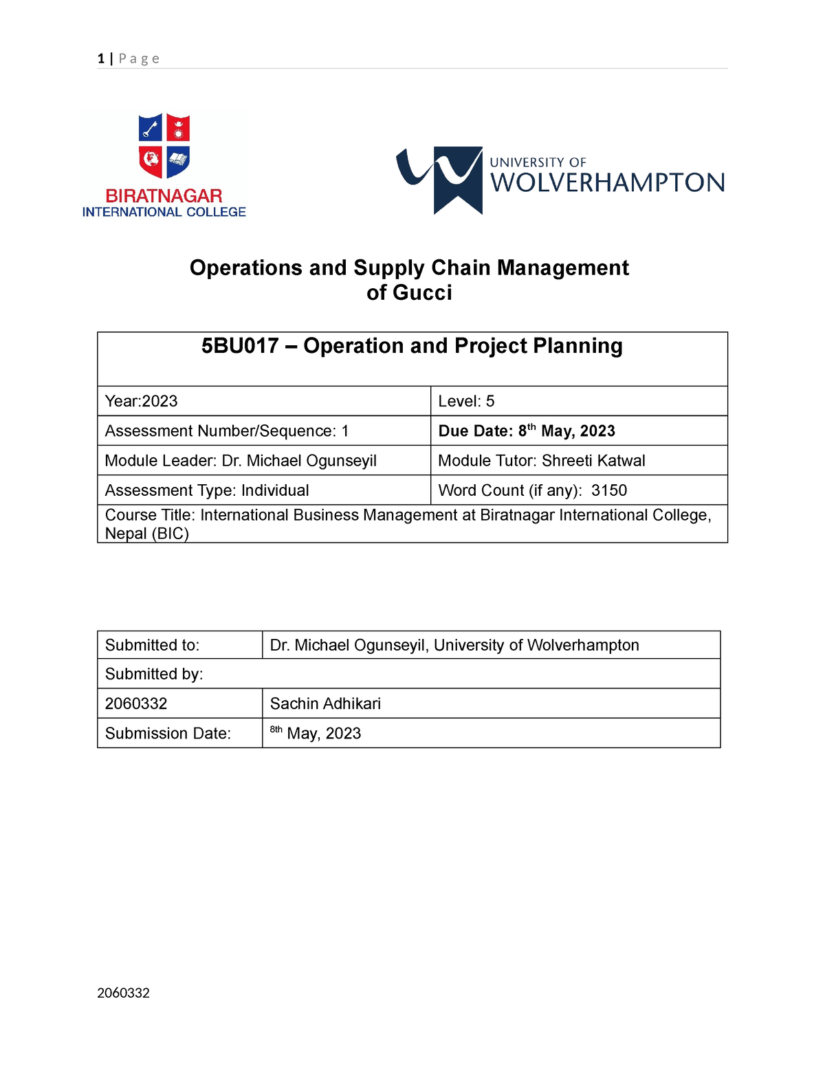 5BU017 Report 2060332 - Operations and Supply Chain Management of