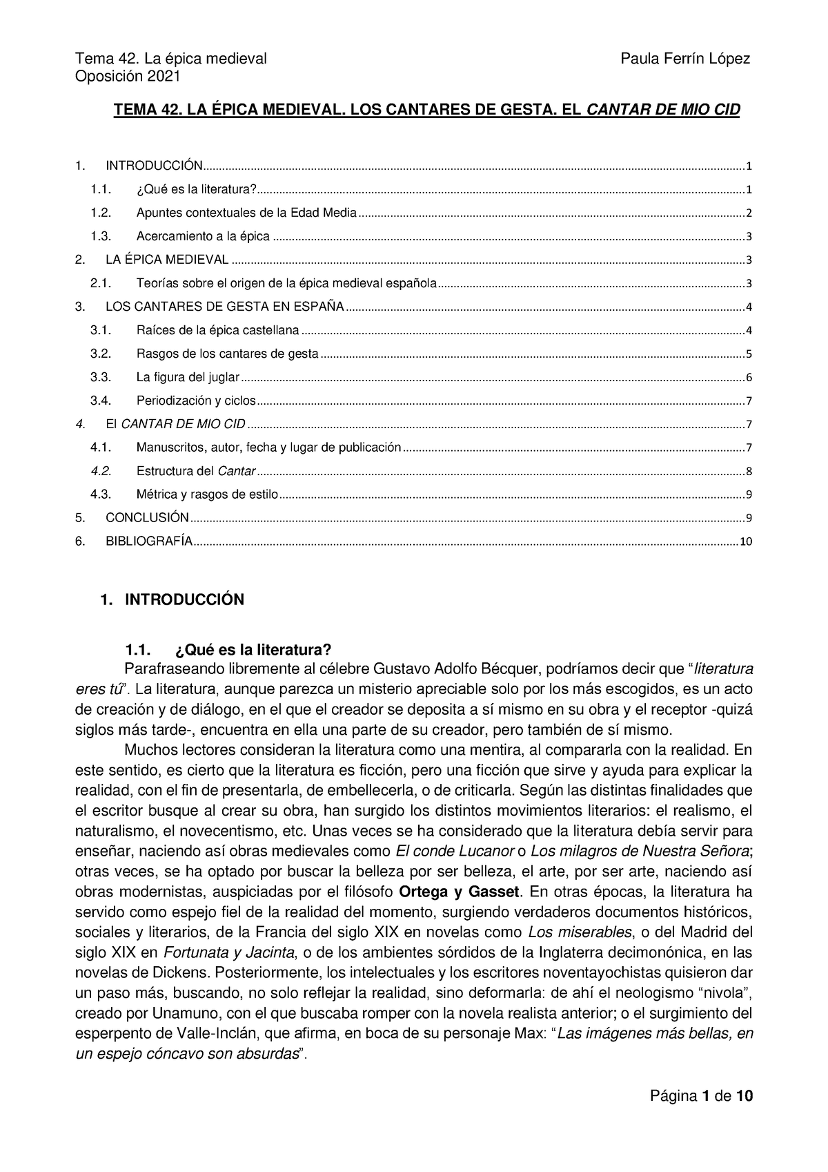 Tema 42 Tema De Oposición Oposición 2021 Tema 42 La Épica Medieval Los Cantares De Gesta 