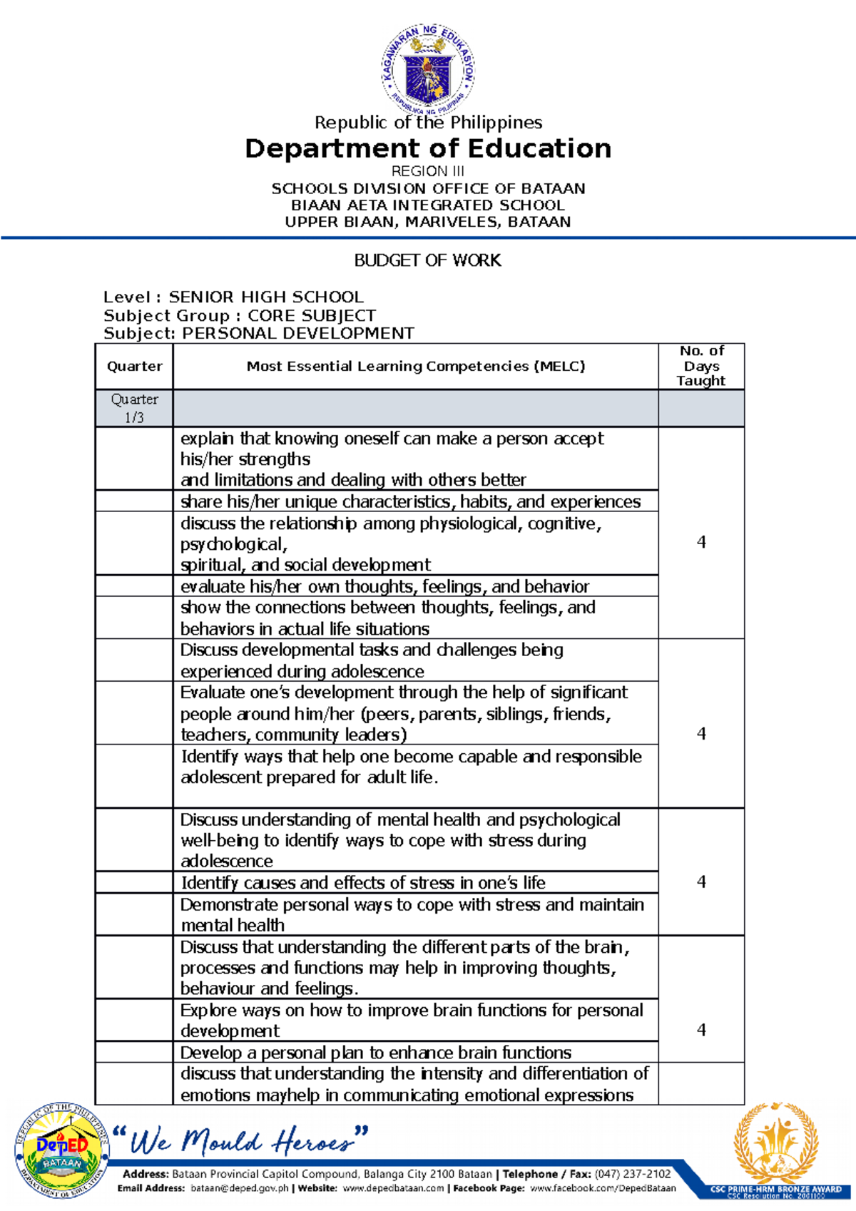 Perdev - Budget of Work - Republic of the Philippines Department of ...