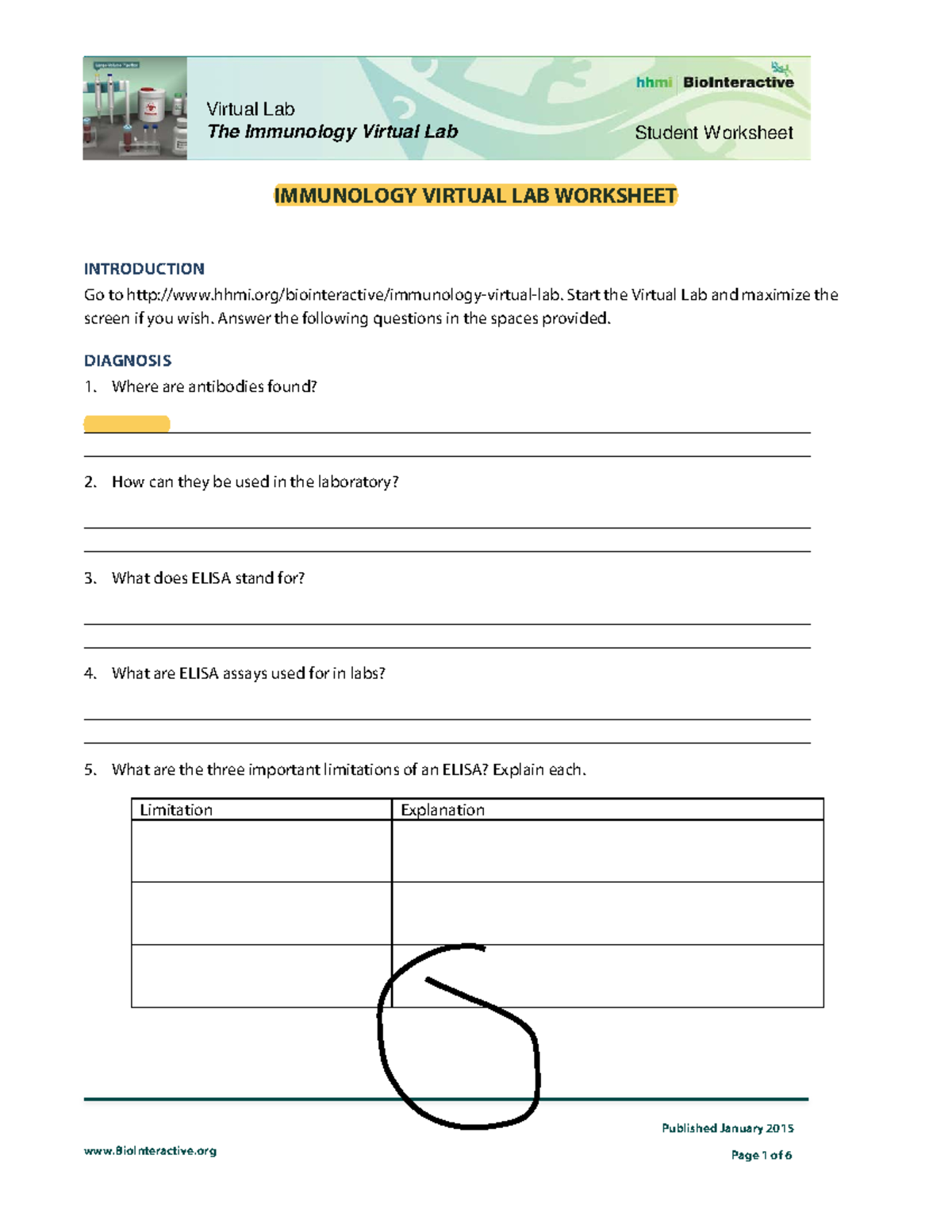 Immunology Lab Worksheet Student - BioInteractive Published January ...
