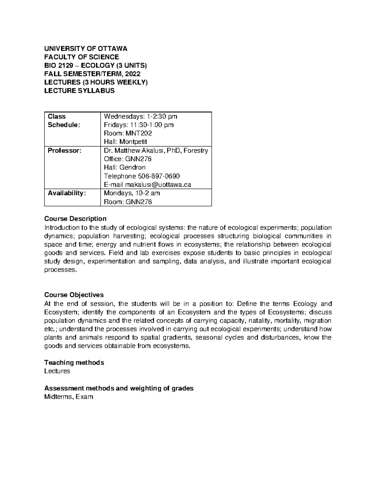BIO 2129 (Syllabus) - course description for bio - UNIVERSITY OF OTTAWA ...