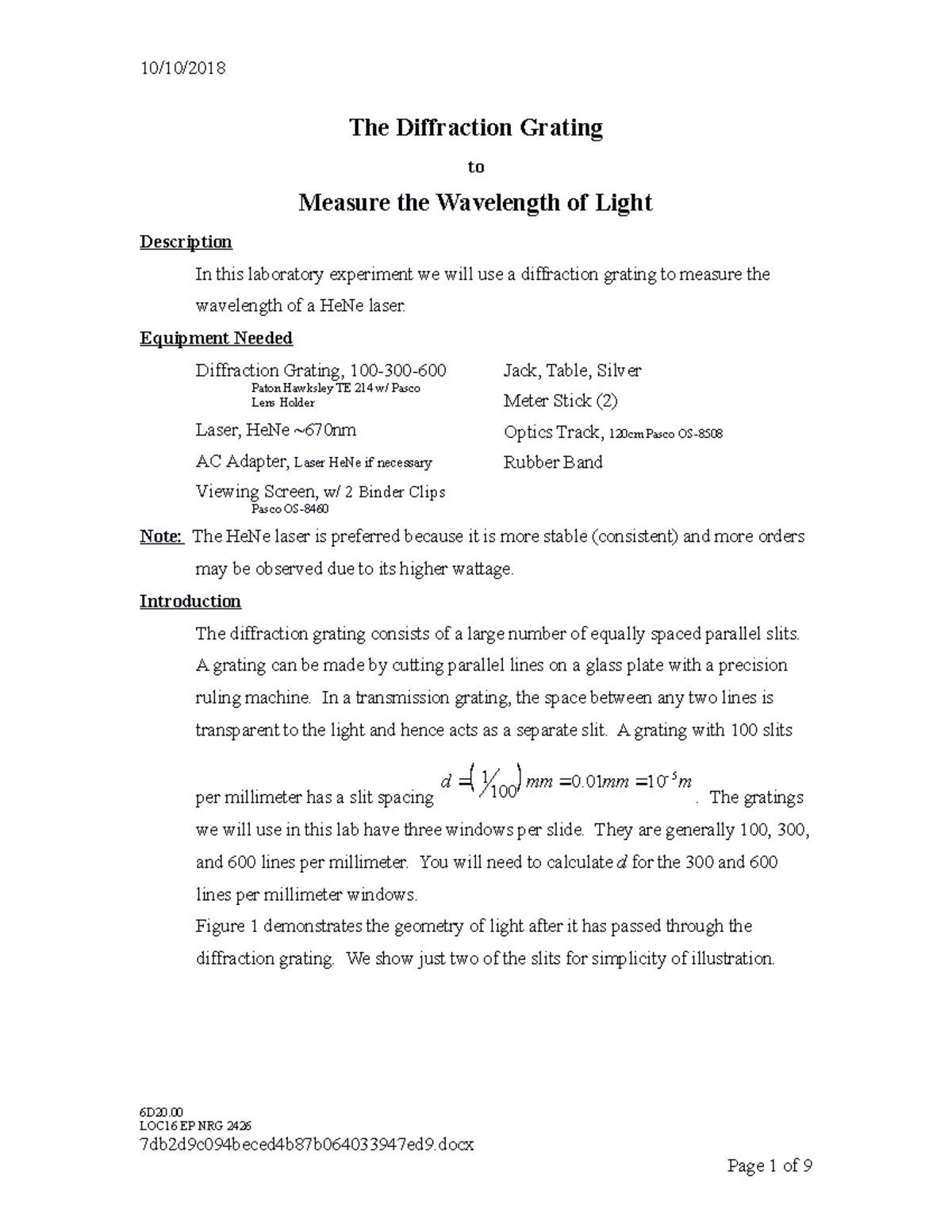 The Diffraction Grating to Measure the Wavelength of Light - The ...