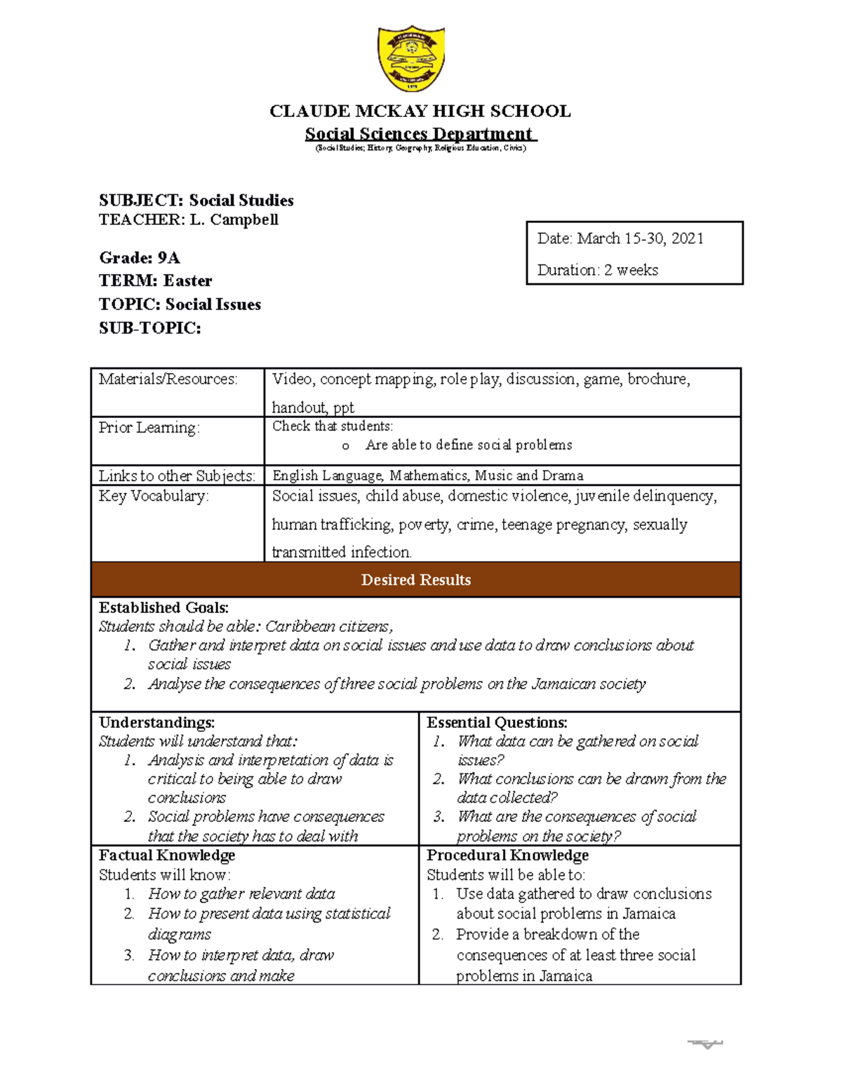 Social Issues Lesson Plan CLAUDE MCKAY HIGH SCHOOL Social Sciences 