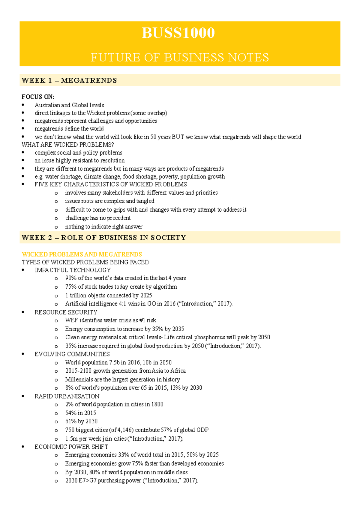 BUSS1000 Future OF Business Notes BUSS FUTURE OF BUSINESS NOTES WEEK 1 MEGATRENDS FOCUS ON 