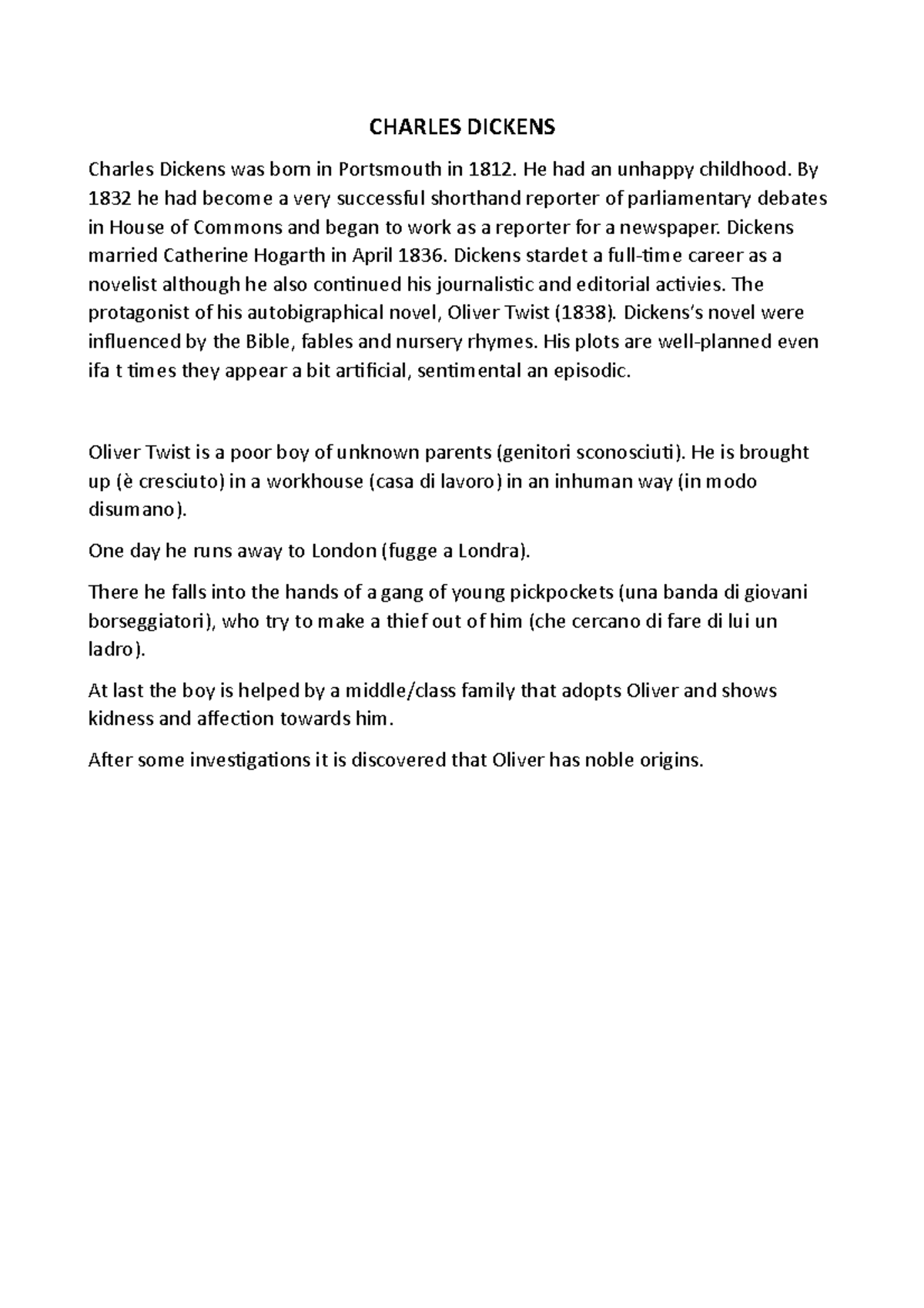 Charles Dickens - riassunto - CHARLES DICKENS Charles Dickens was born ...