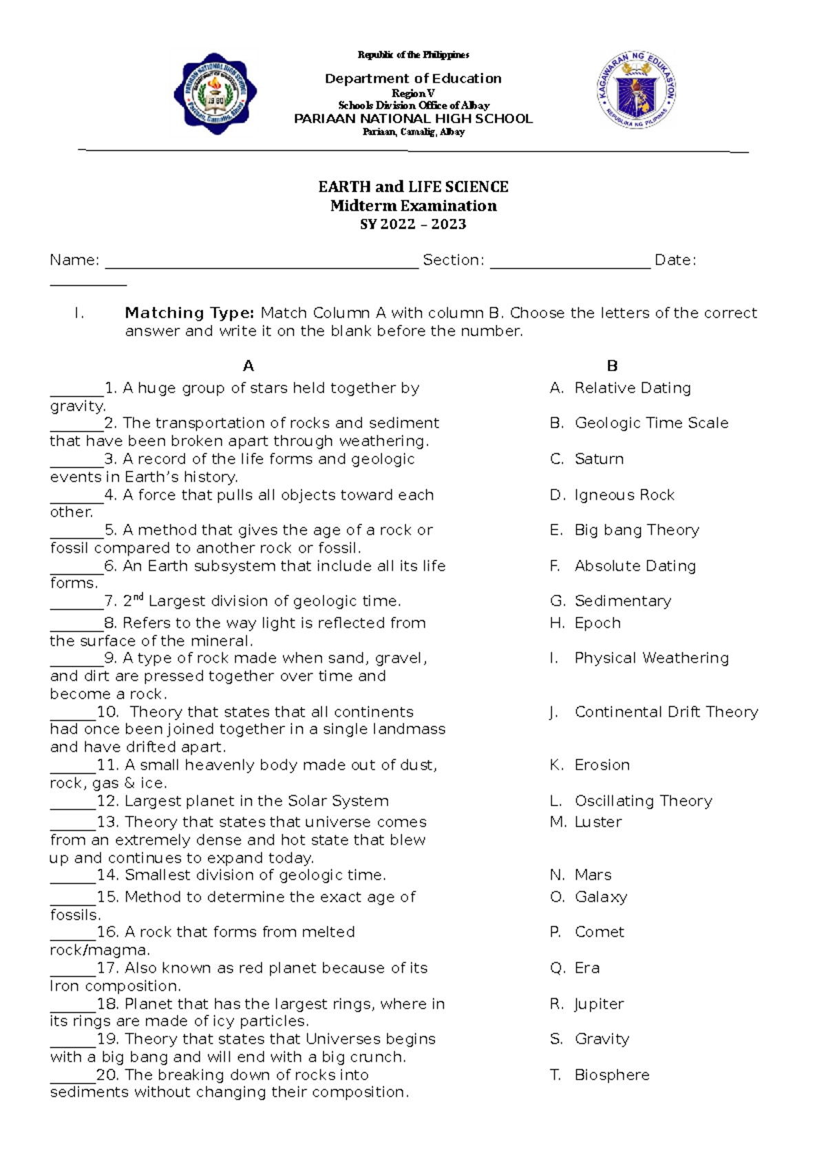 Midterm Exam G11 ELS - Republic Of The Philippines Department Of ...